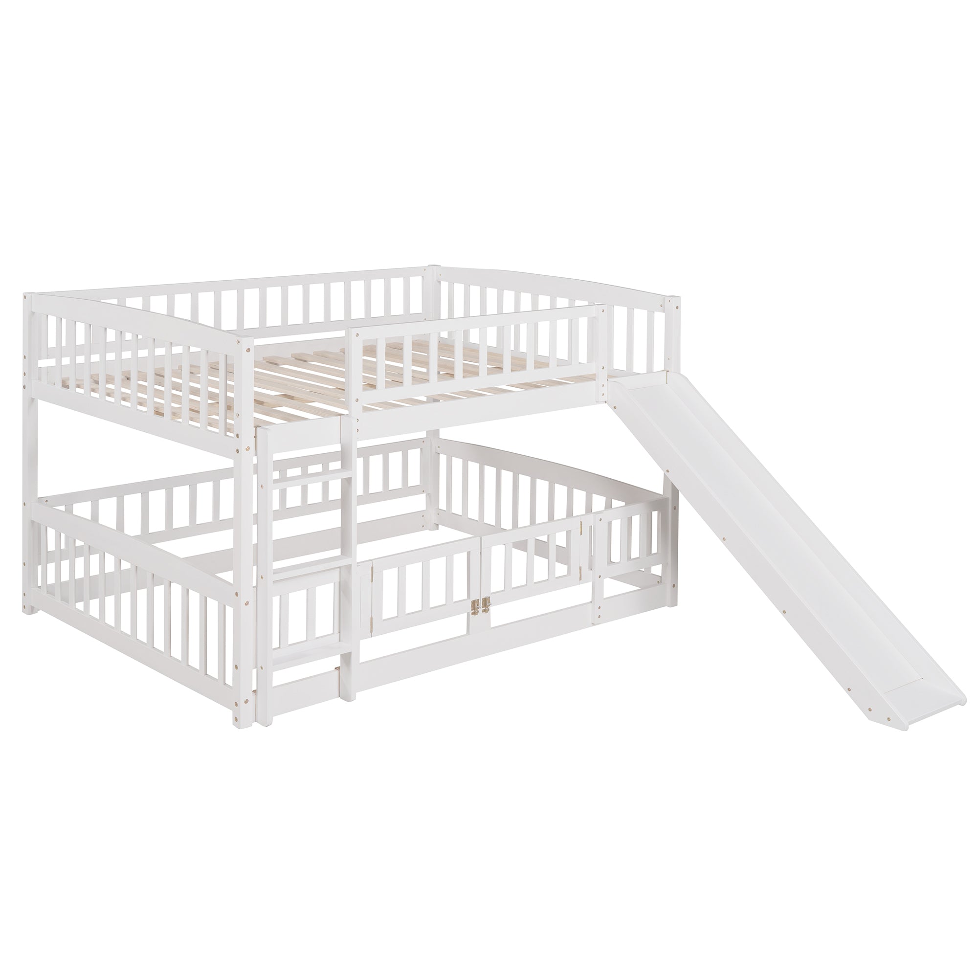Bunk Bed with Slide,Full Over Full Low Bunk Bed with Fence and Ladder for Toddler Kids Teens White - Atlantic Fine Furniture Melbourne FL