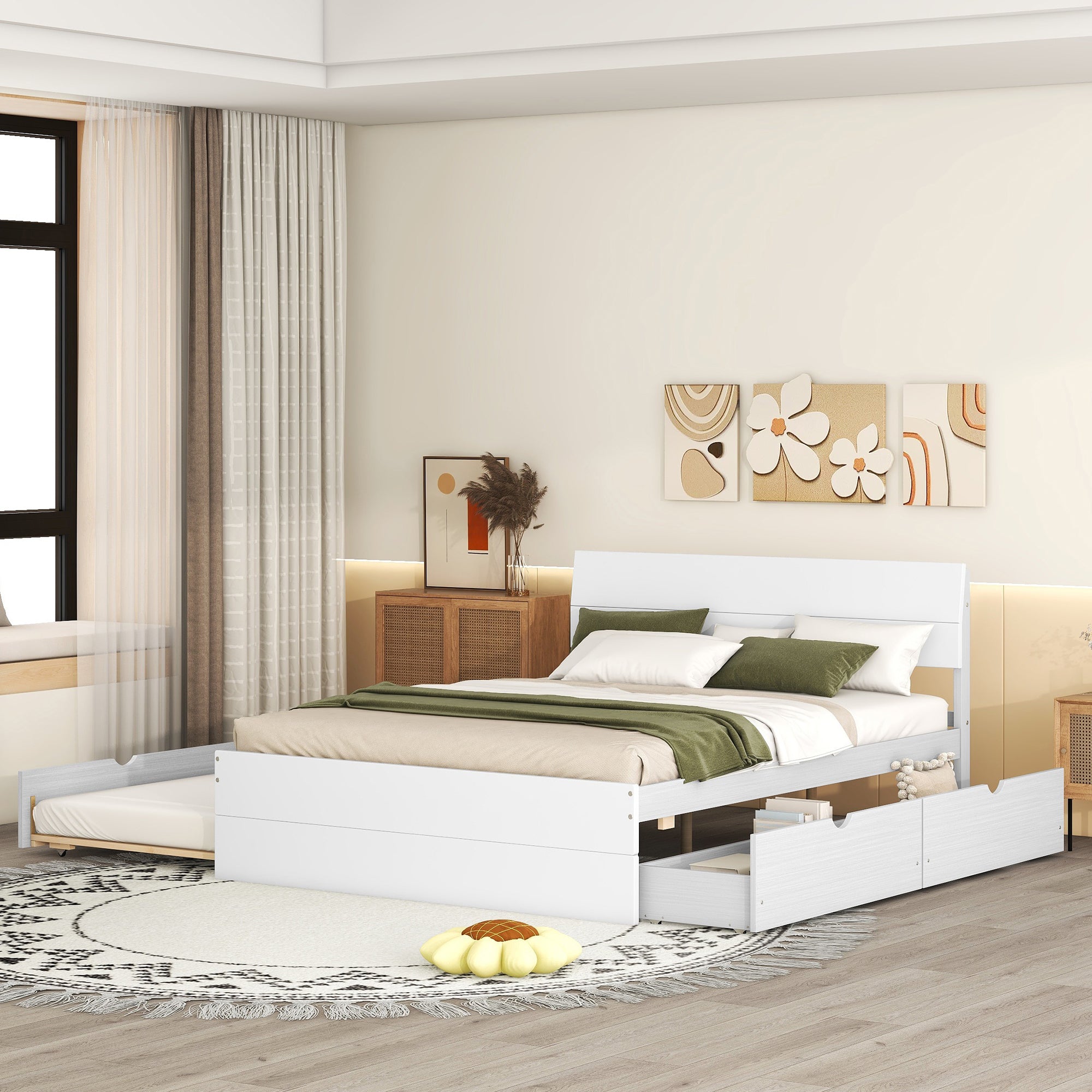 Modern Full Bed Frame With Twin Size Trundle And 2 Drawers For White High Gloss and Washed White Color