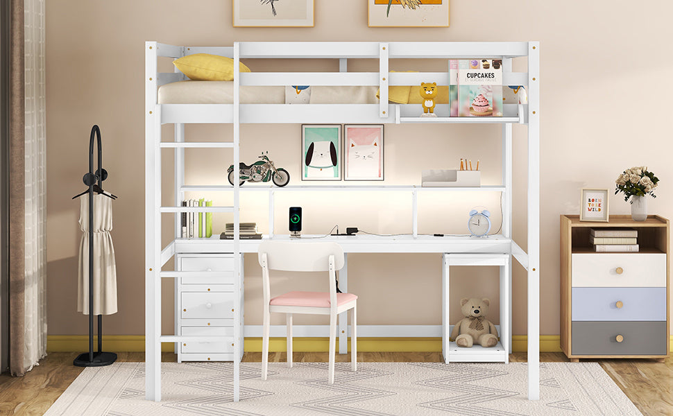 Full Size Loft Bed with Multi-storage Desk, LED light and Bedside Tray, Charging Station, White - Atlantic Fine Furniture Melbourne FL