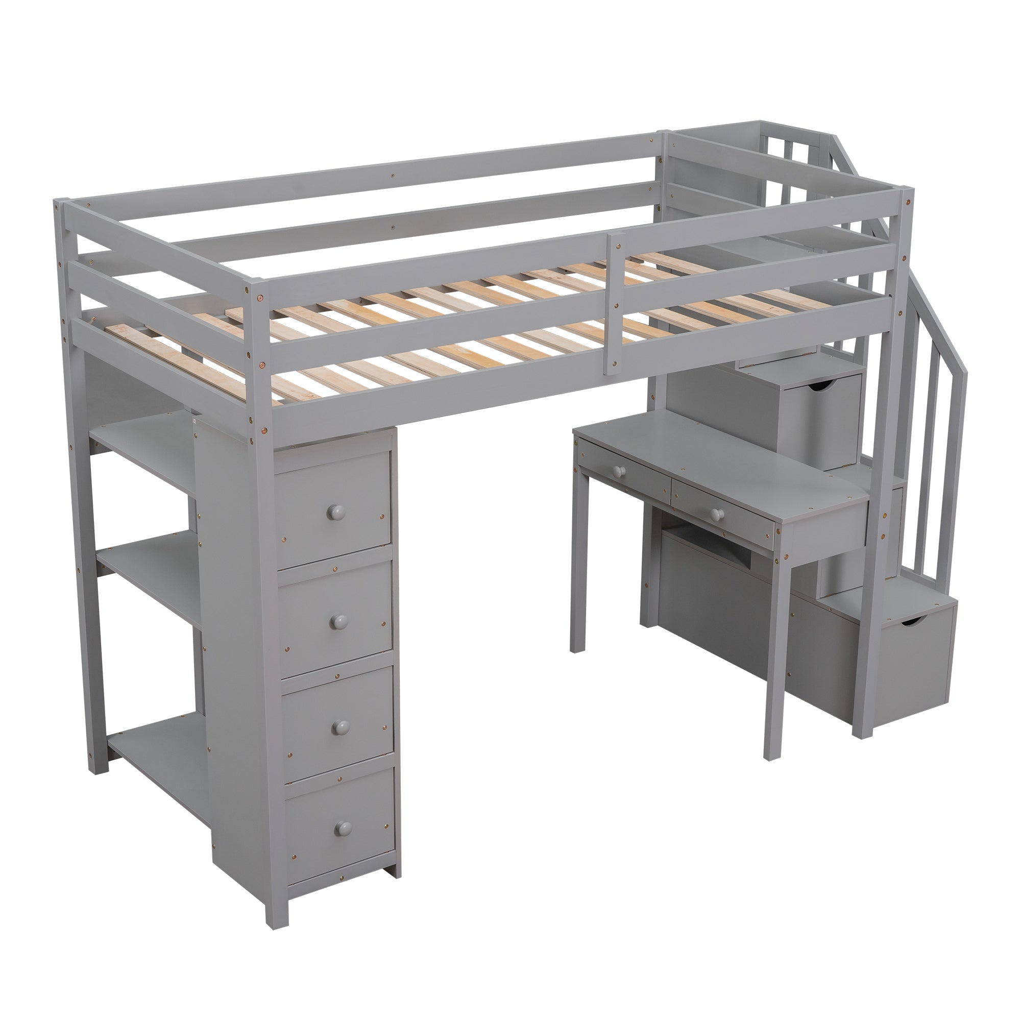 Twin size Loft Bed with Storage Drawers ,Desk and Stairs, Wooden Loft Bed with Shelves - Gray - Atlantic Fine Furniture Melbourne FL