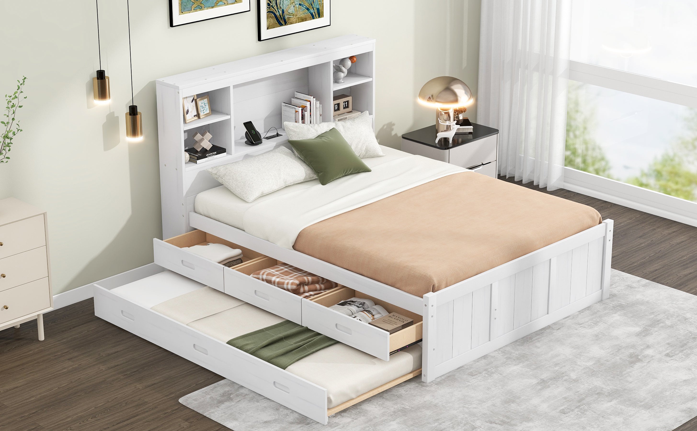 Full Size Platform Bed with Storage Headboard, Charging Station, Twin Size Trundle and 3 Drawers, Antique White - Atlantic Fine Furniture Melbourne FL