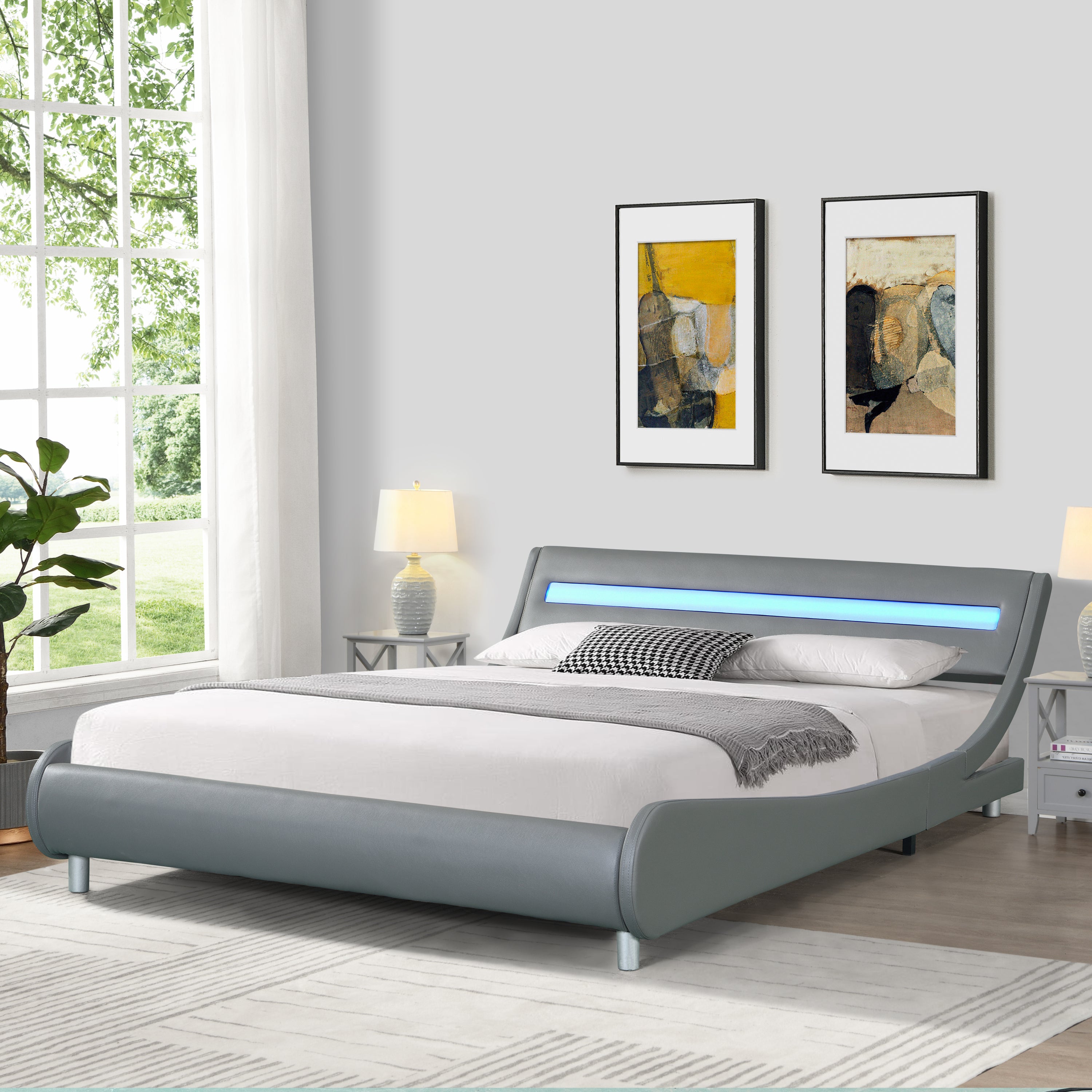 Faux Leather Upholstered Platform Bed Frame with led lighting , Curve Design, Wood Slat Support, No Box Spring Needed, Easy Assemble, Queen Size, Gray - Atlantic Fine Furniture Melbourne FL