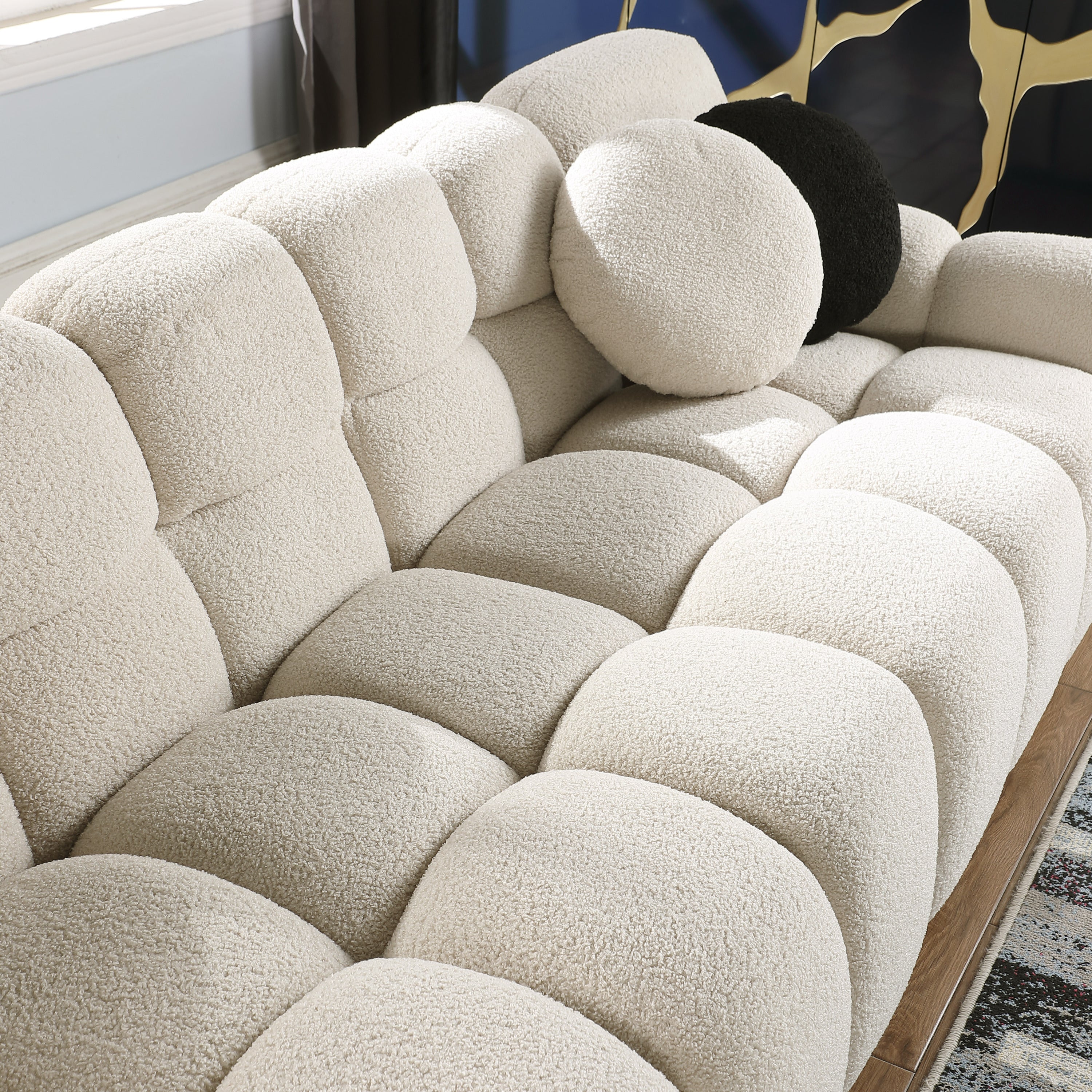 64.96 length ,35.83" deepth ,human body structure for USA people, marshmallow sofa,boucle sofa ,2 seater, BEIGE BOUCLE