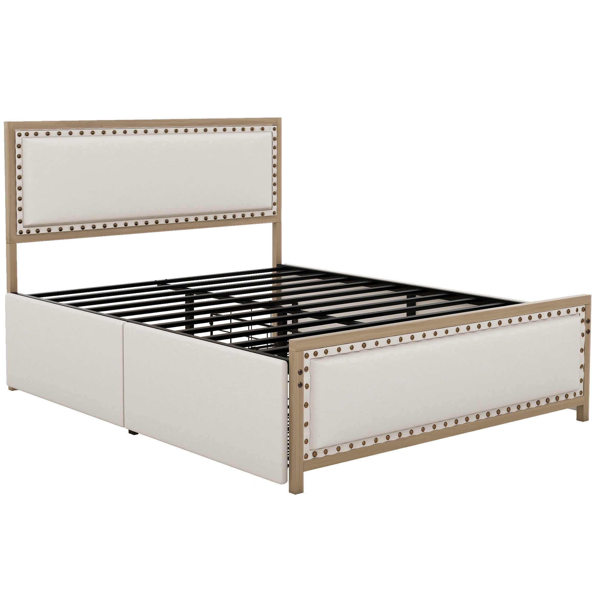 Queen Size Upholstered Platform Bed with Nailhead Decoration and 4 Drawers, Brown - Atlantic Fine Furniture Melbourne FL