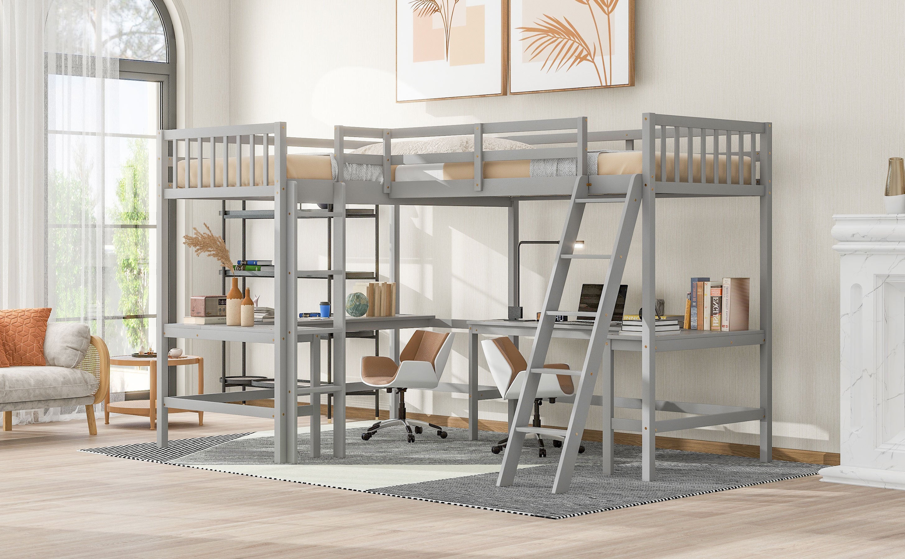 Wood Twin Size L-Shaped Loft Bed with Ladder and 2 Built-in L-Shaped Desks, Gray - Atlantic Fine Furniture Melbourne FL