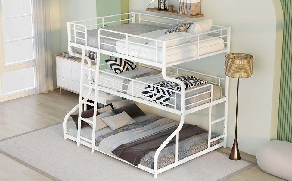 Full XL over Twin XL over Queen Size Triple Bunk Bed with Long and Short Ladder,White