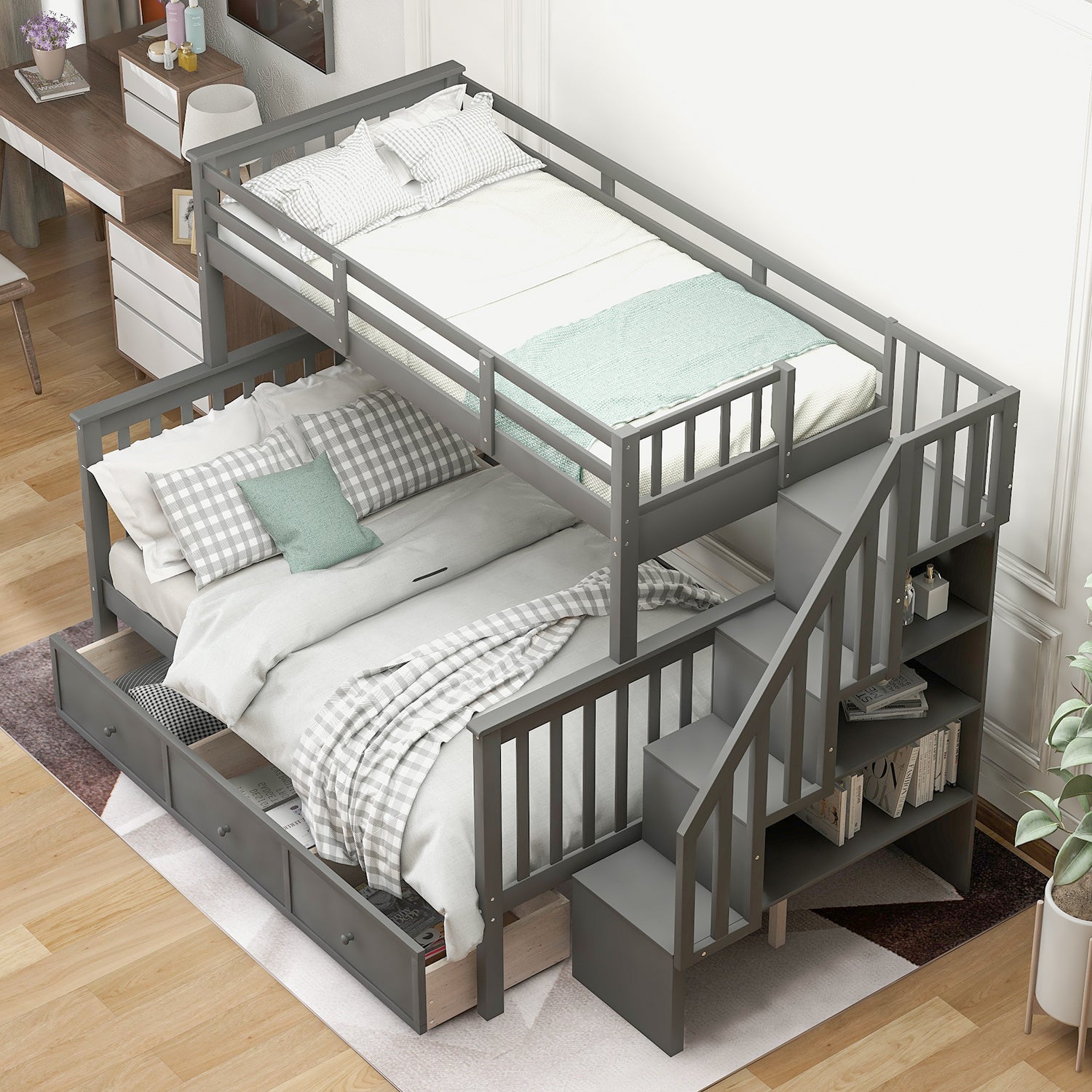 Stairway Twin-Over-Full Bunk Bed with Drawer, Storage and Guard Rail for Bedroom, Dorm, for Adults, Gray color(Old SKU: LP000219AAE) - Atlantic Fine Furniture Melbourne FL