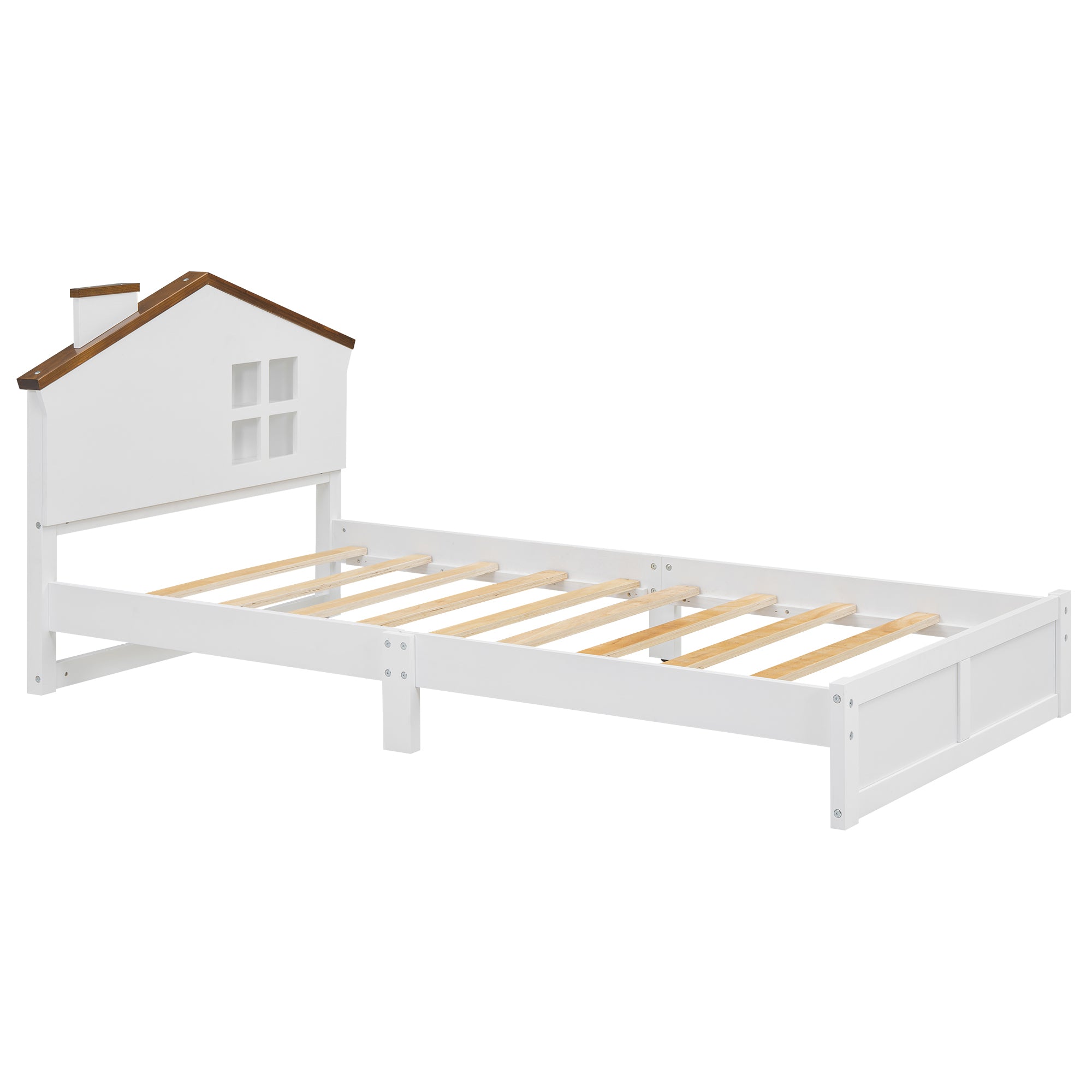 Twin Size Wood Platform Bed with House-shaped Headboard and Built-in LED, Walnut+White - Atlantic Fine Furniture Melbourne FL