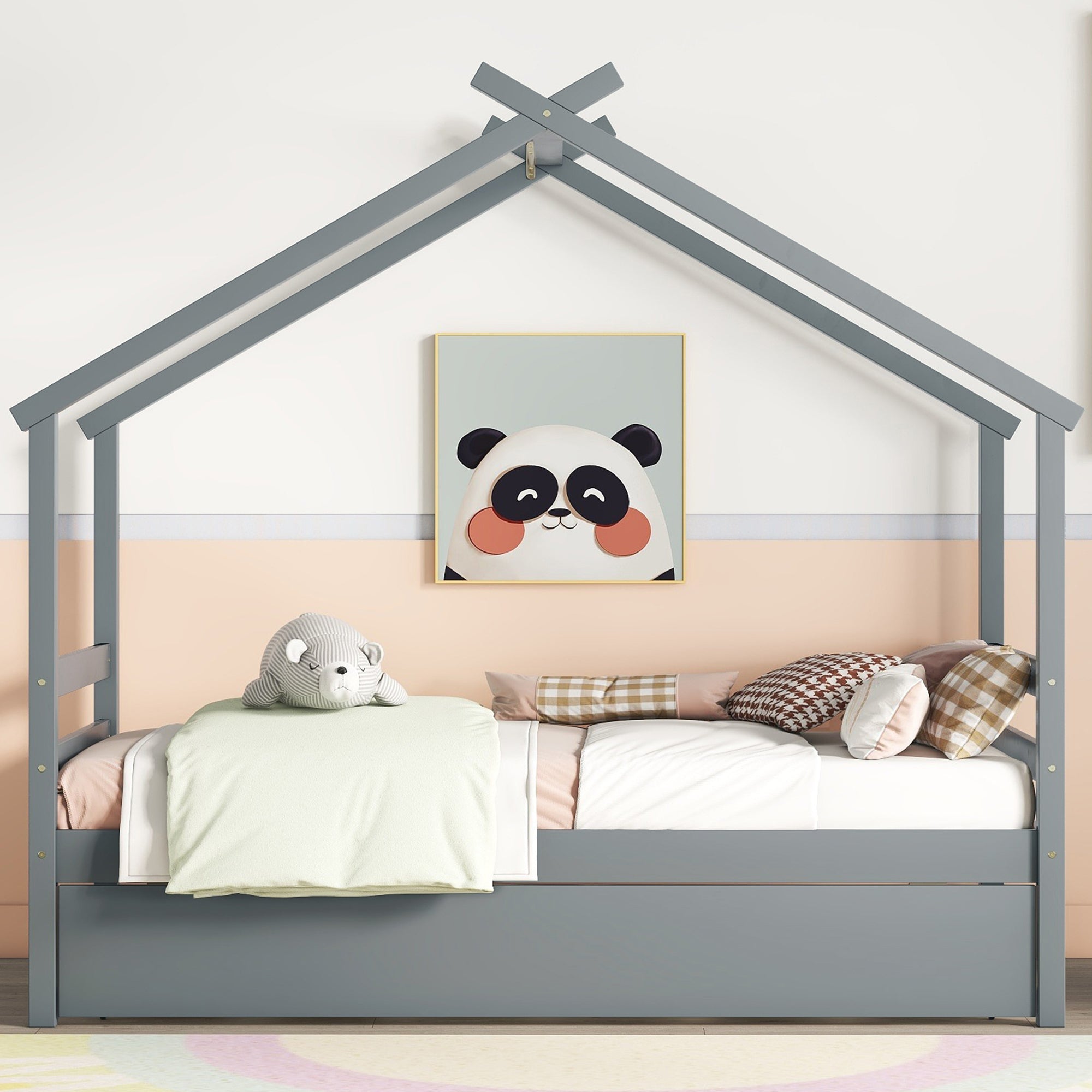 Twin Size House-shaped Bed with Trundle,Grey