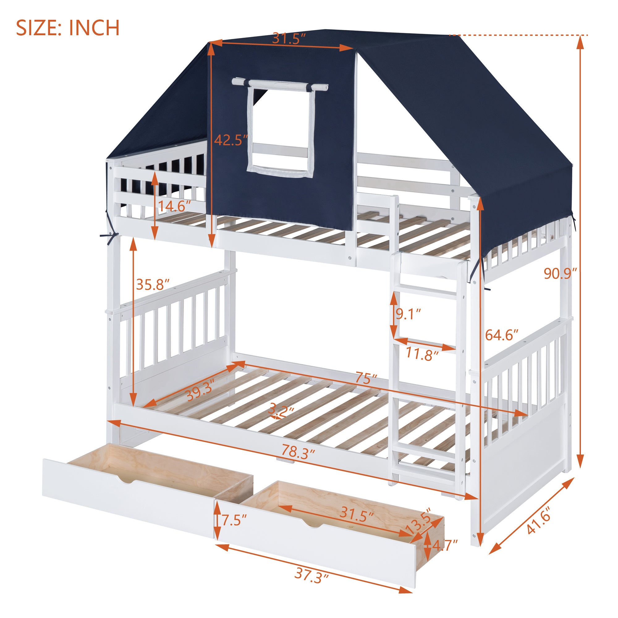 Twin Over Twin Bunk Bed Wood Bed with Tent and Drawers, White+Blue Tent - Atlantic Fine Furniture Melbourne FL