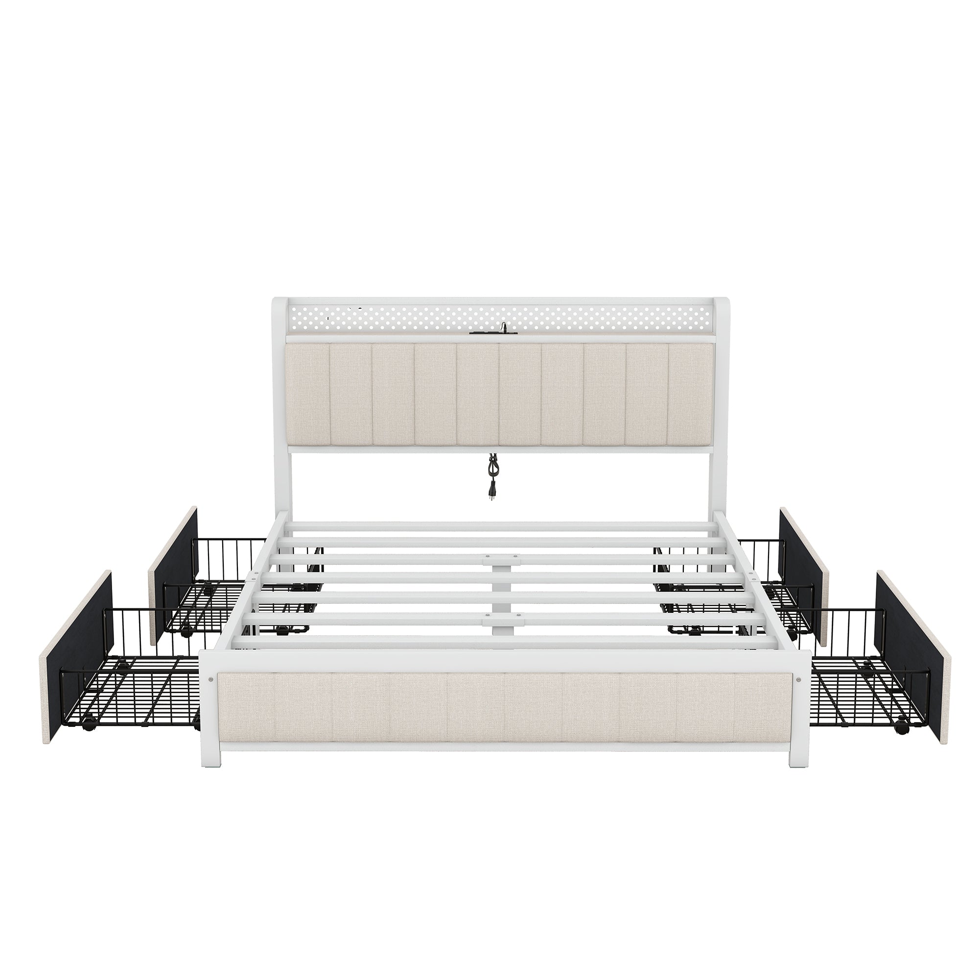 Queen Bed Frame with LED Headboard, Upholstered Bed with 4 Storage Drawers and USB Ports, Beige - Atlantic Fine Furniture Melbourne FL