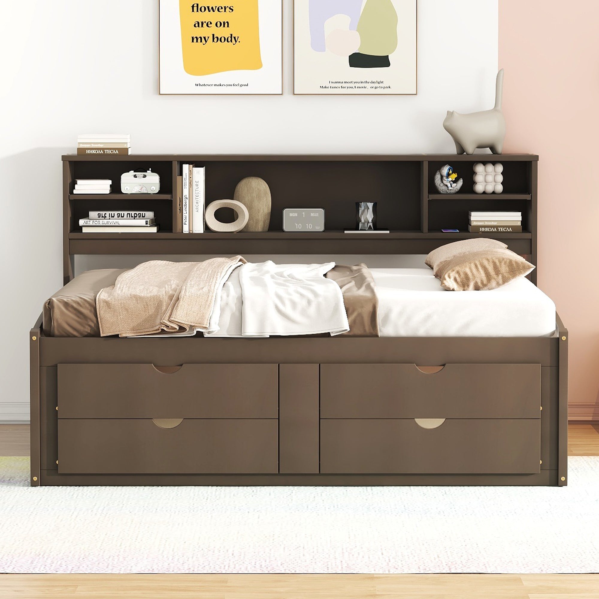 Full Size Wood Daybed with 2 Bedside Cabinets, Upper Shelves and 4 Drawers, Antique Brown - Atlantic Fine Furniture Melbourne FL