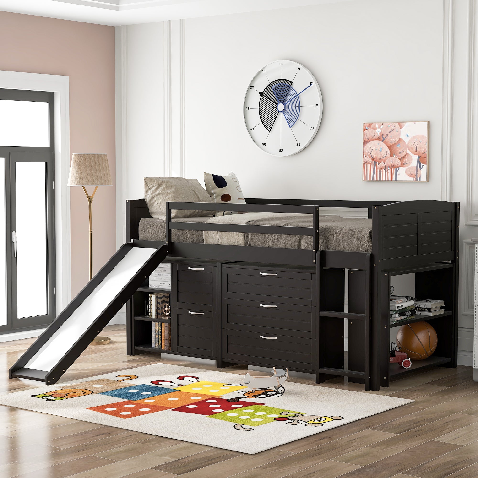Low Twin Size Loft Bed with Cabinets, Shelves and Slide - Espresso(OLD SKU :LP000503AAP) - Atlantic Fine Furniture Melbourne FL