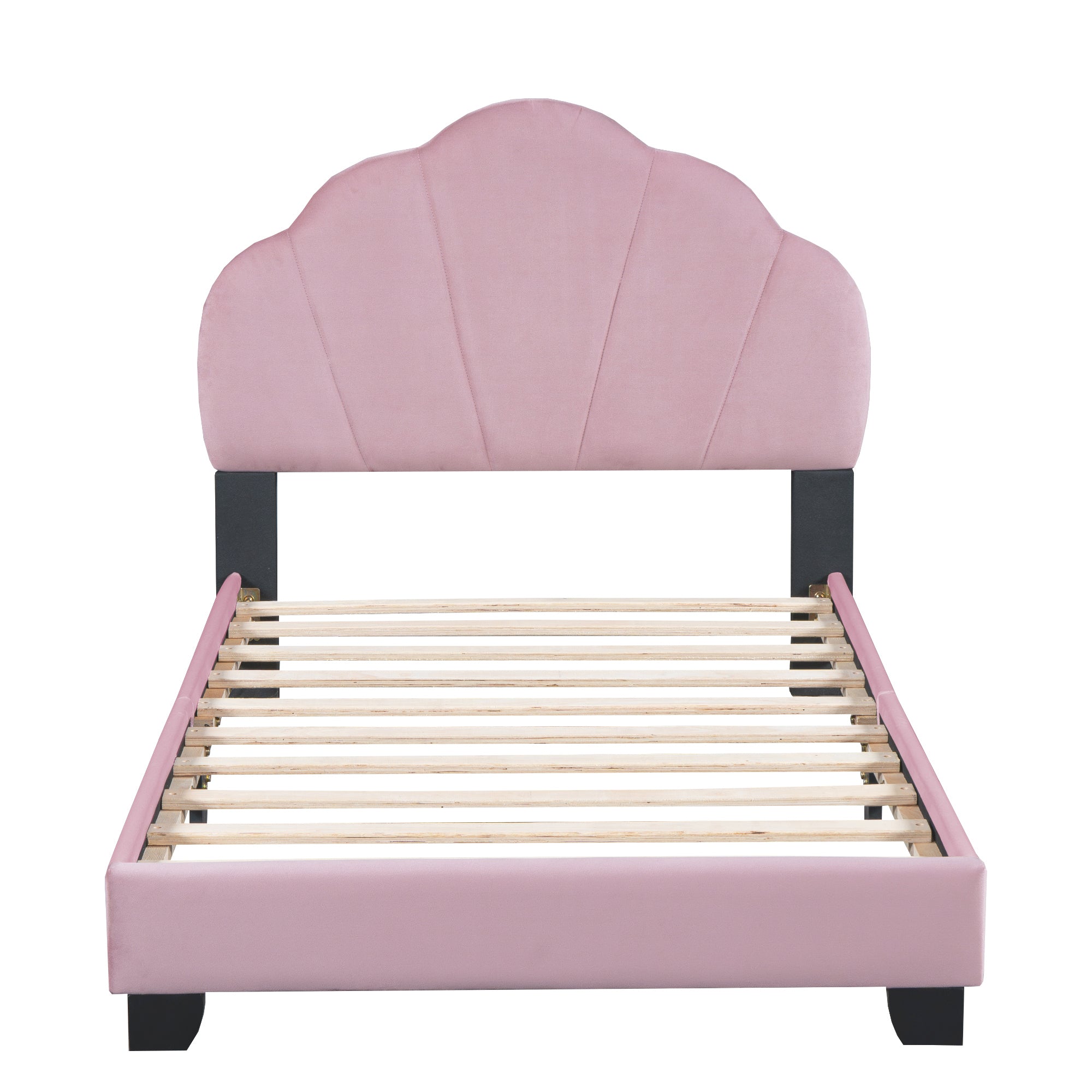 Twin Size Upholstered Velvet Platform Bed with Shell-Shaped Headboard, Pink - Atlantic Fine Furniture Melbourne FL