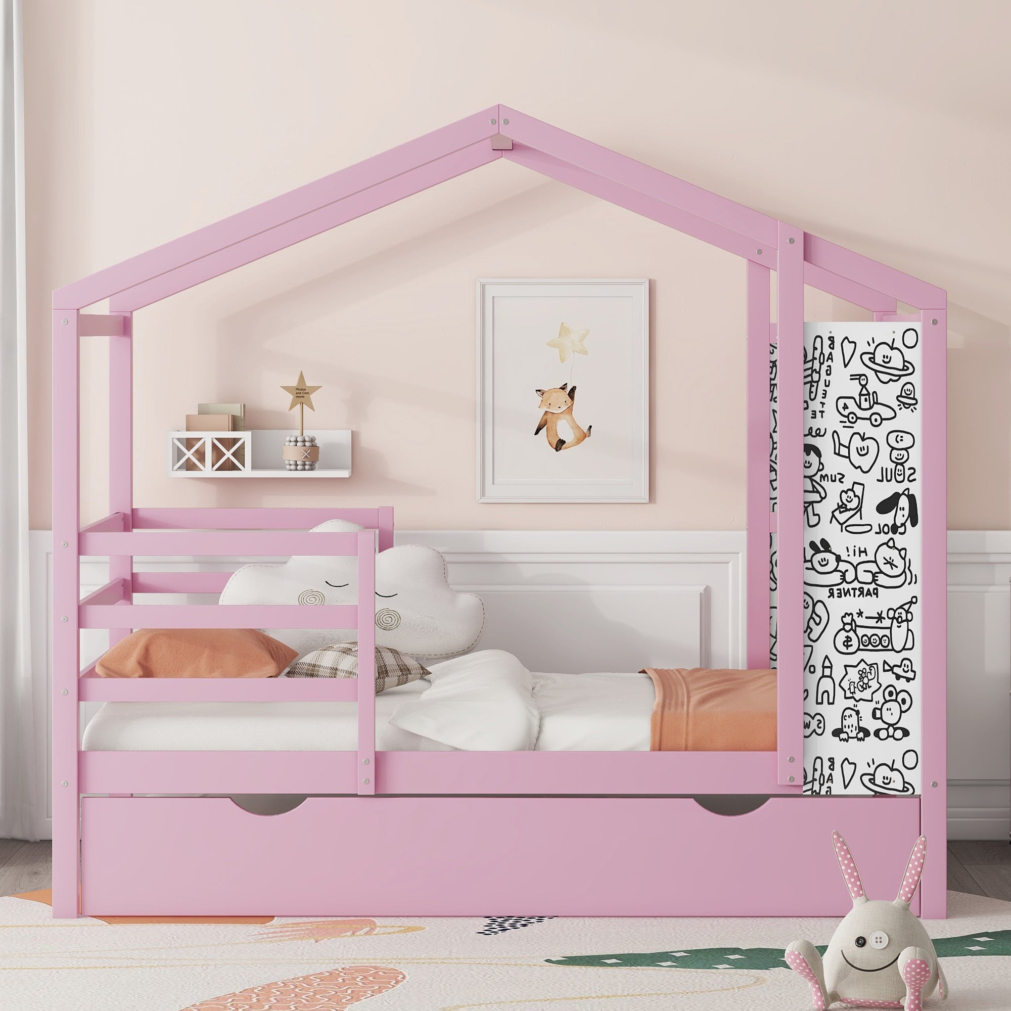 Twin Size Wood House Bed with Fence and Writing Board,Pink - Atlantic Fine Furniture Melbourne FL