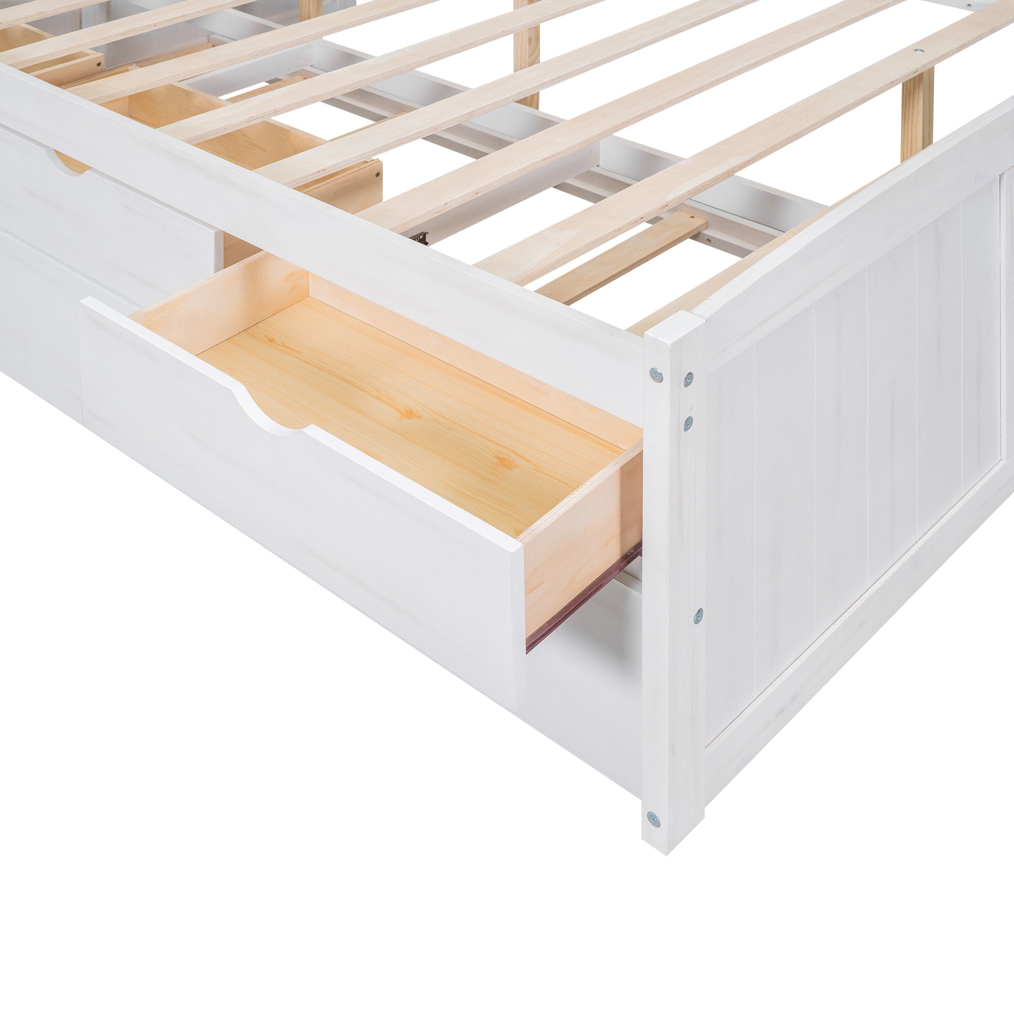 Full Size Wooden Captain Bed with Built-in Bookshelves,Three Storage Drawers and Trundle,White Wash - Atlantic Fine Furniture Melbourne FL