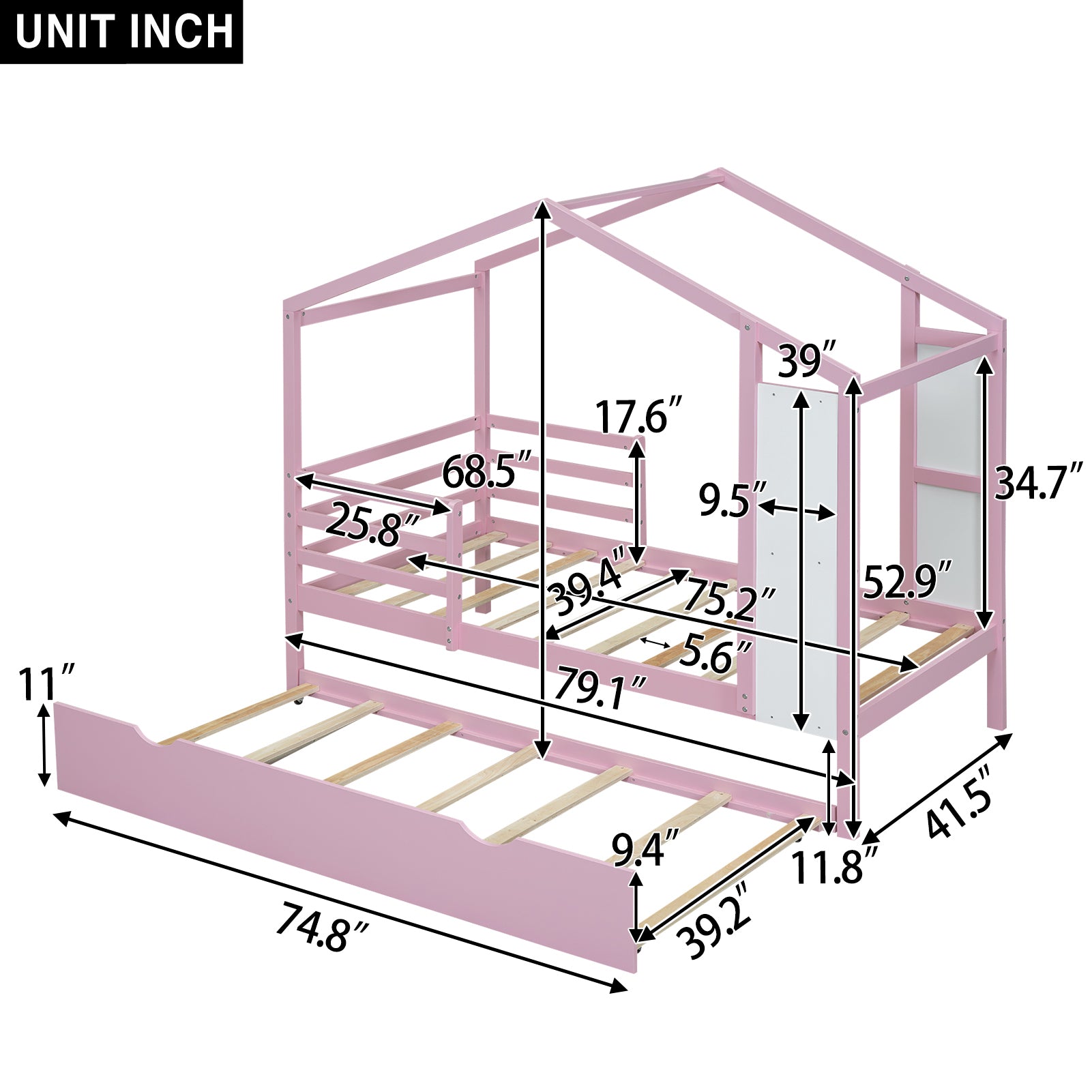 Twin Size Wood House Bed with Fence and Writing Board,Pink - Atlantic Fine Furniture Melbourne FL