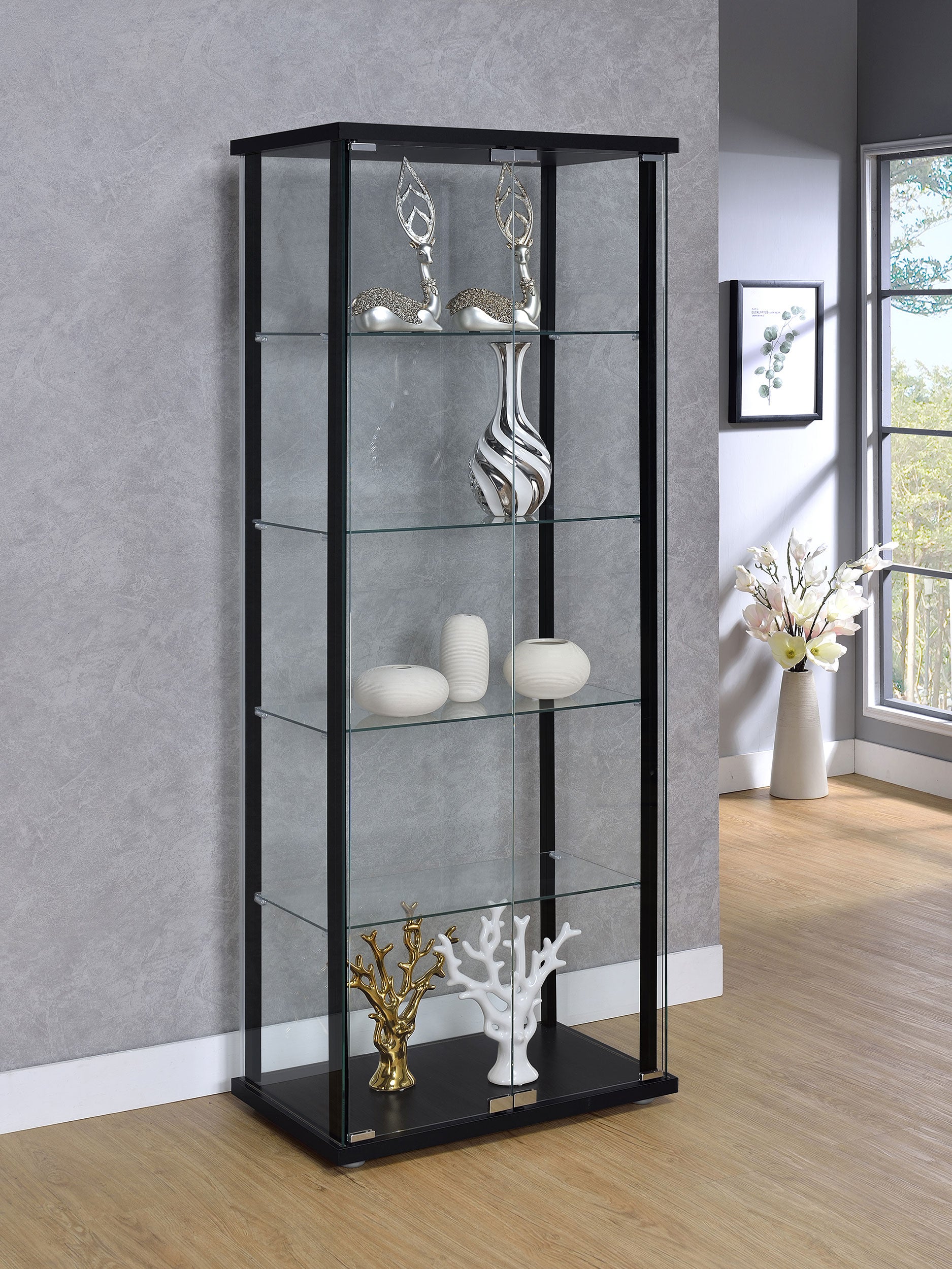 Delphinium 4-Shelf Clear Glass Curio Display Cabinet Black — view 2