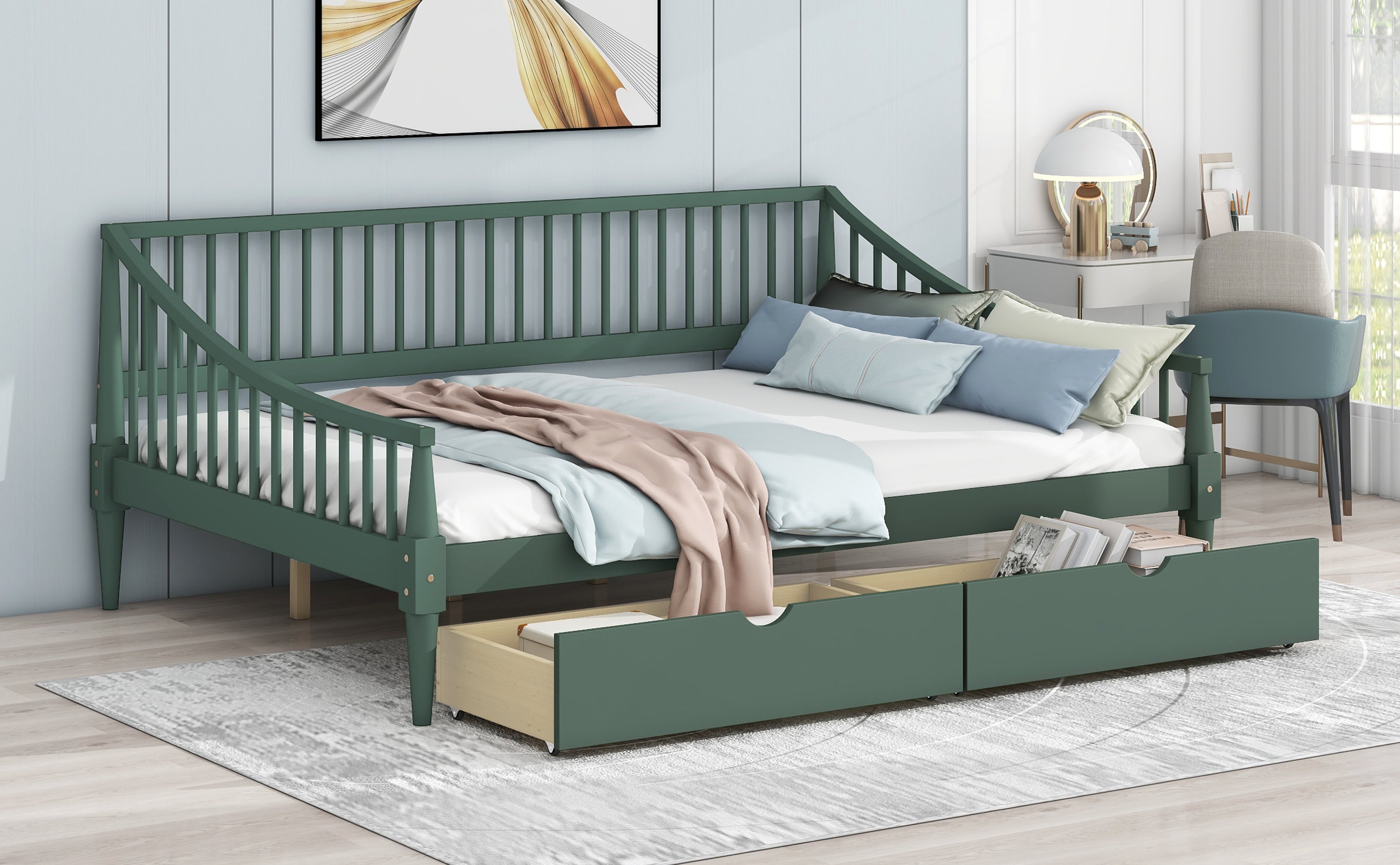 Full Size Daybed with Two Storage Drawers and Support Legs, Green - Atlantic Fine Furniture Melbourne FL