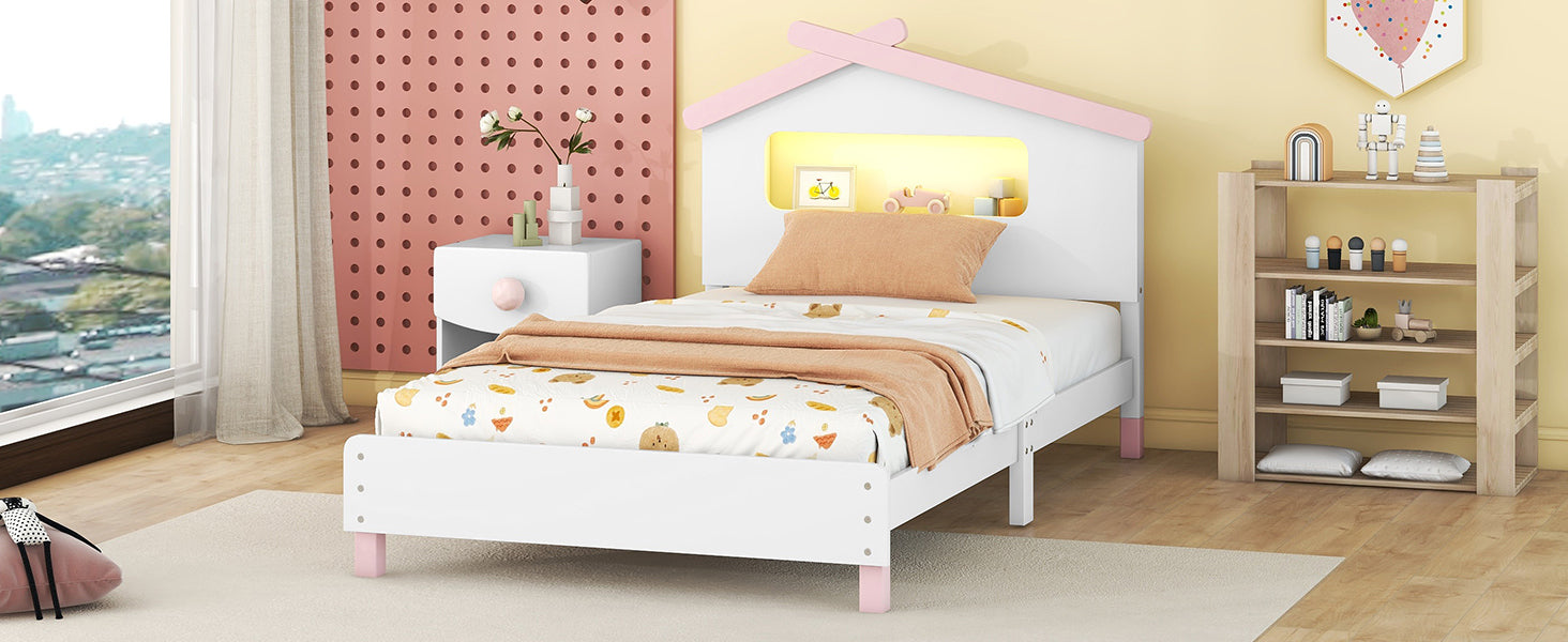 Twin Size Wood Platform Bed with House-shaped Headboard and Motion Activated Night Lights (White+Pink) - Atlantic Fine Furniture Melbourne FL
