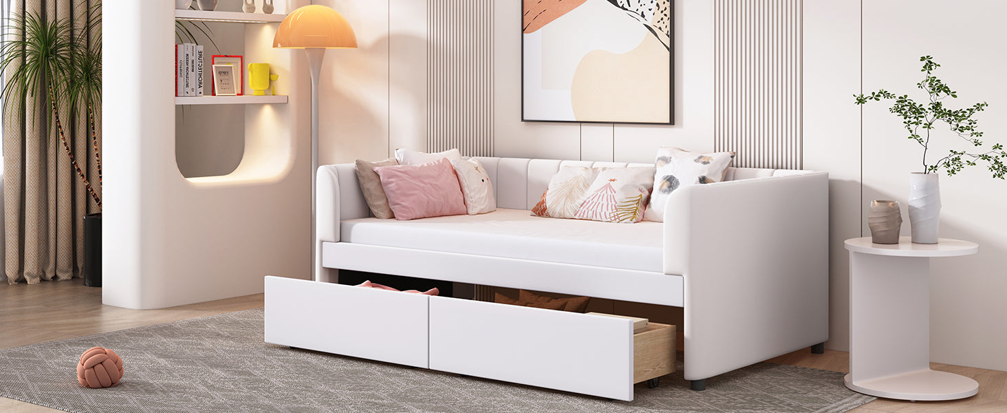 Twin Size Upholstered Daybed with Ergonomic Design Backrest and 2 Drawers, Beige - Atlantic Fine Furniture Melbourne FL