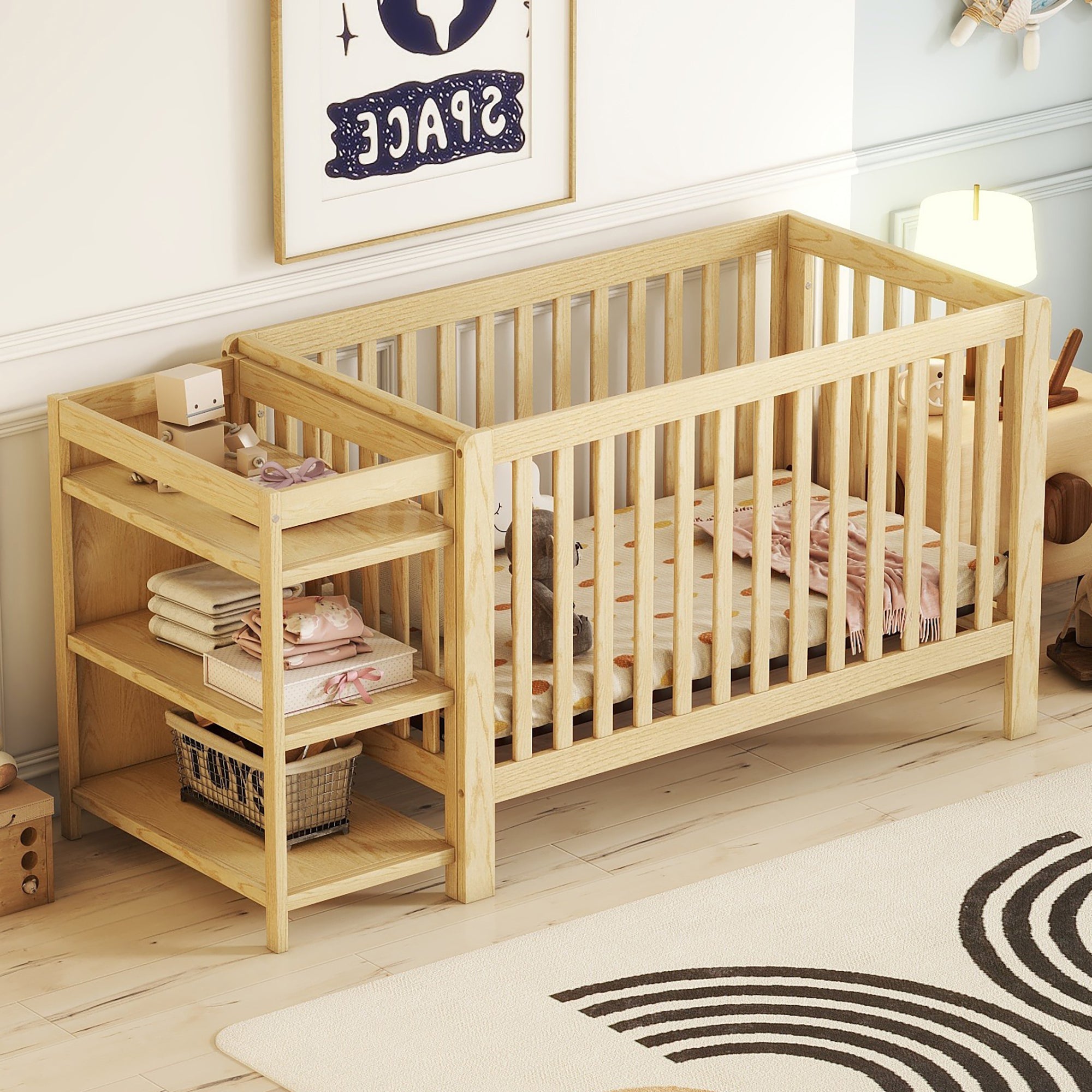 Convertible Crib/Full Size Bed with Changing Table, Natural - Atlantic Fine Furniture Melbourne FL