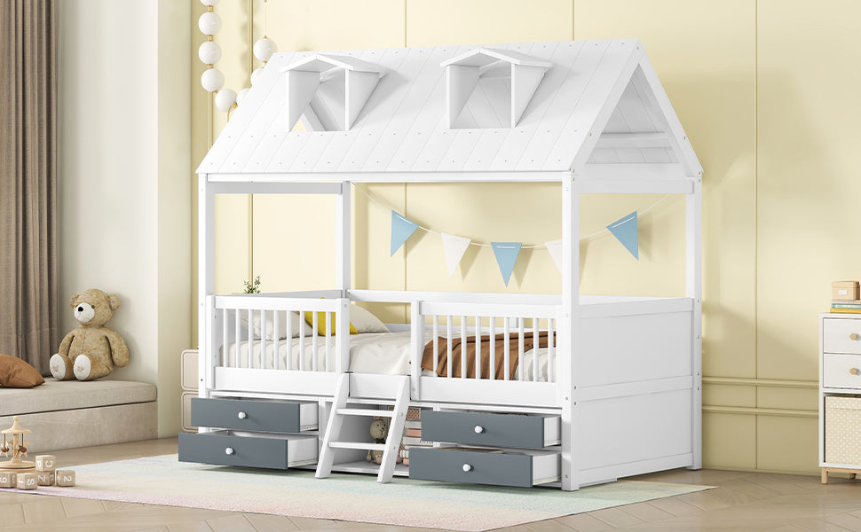 Twin Size Wood Bed House Bed Frame,White