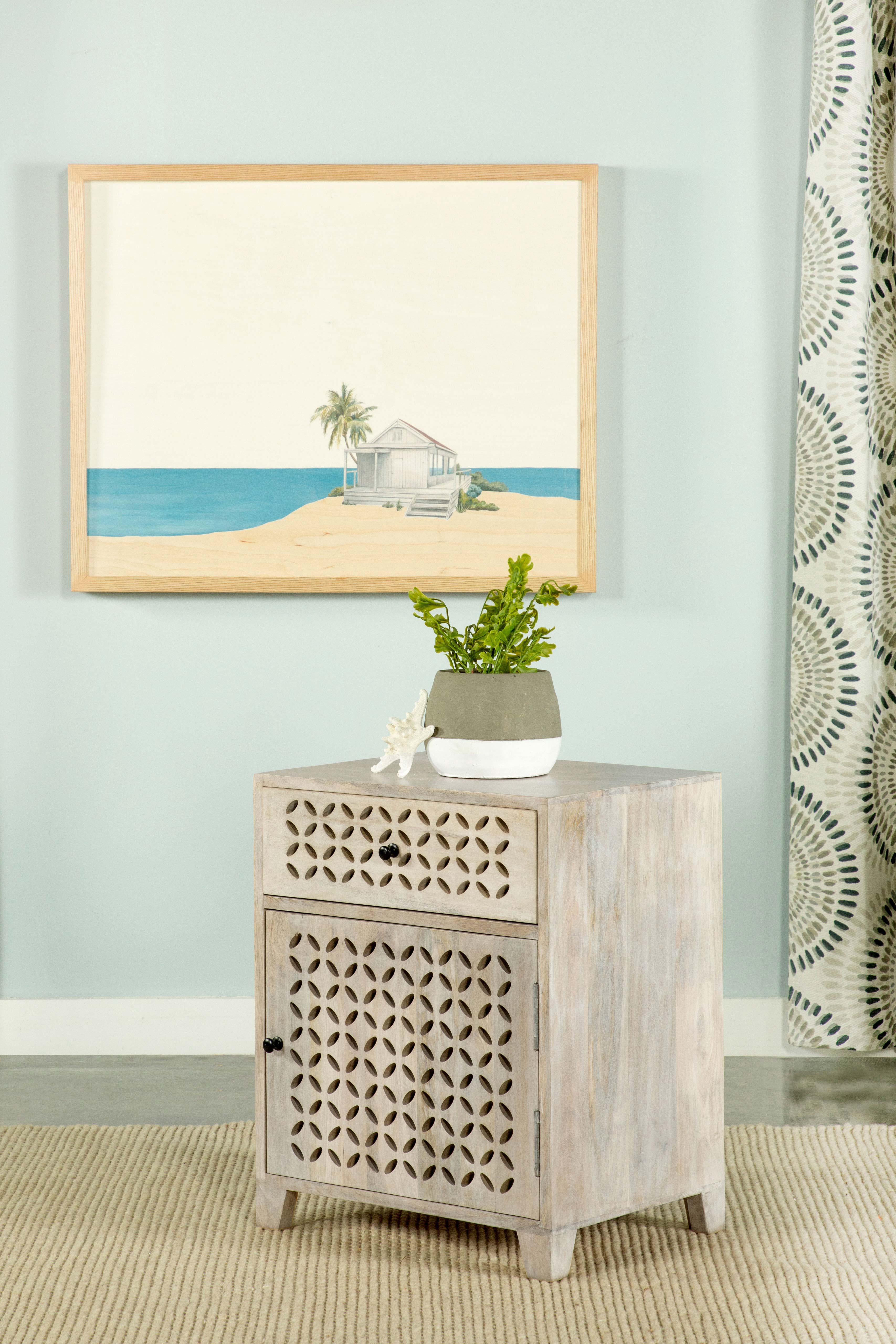 August 1-drawer Trellis Pattern Storage Cabinet White Washed — view 2