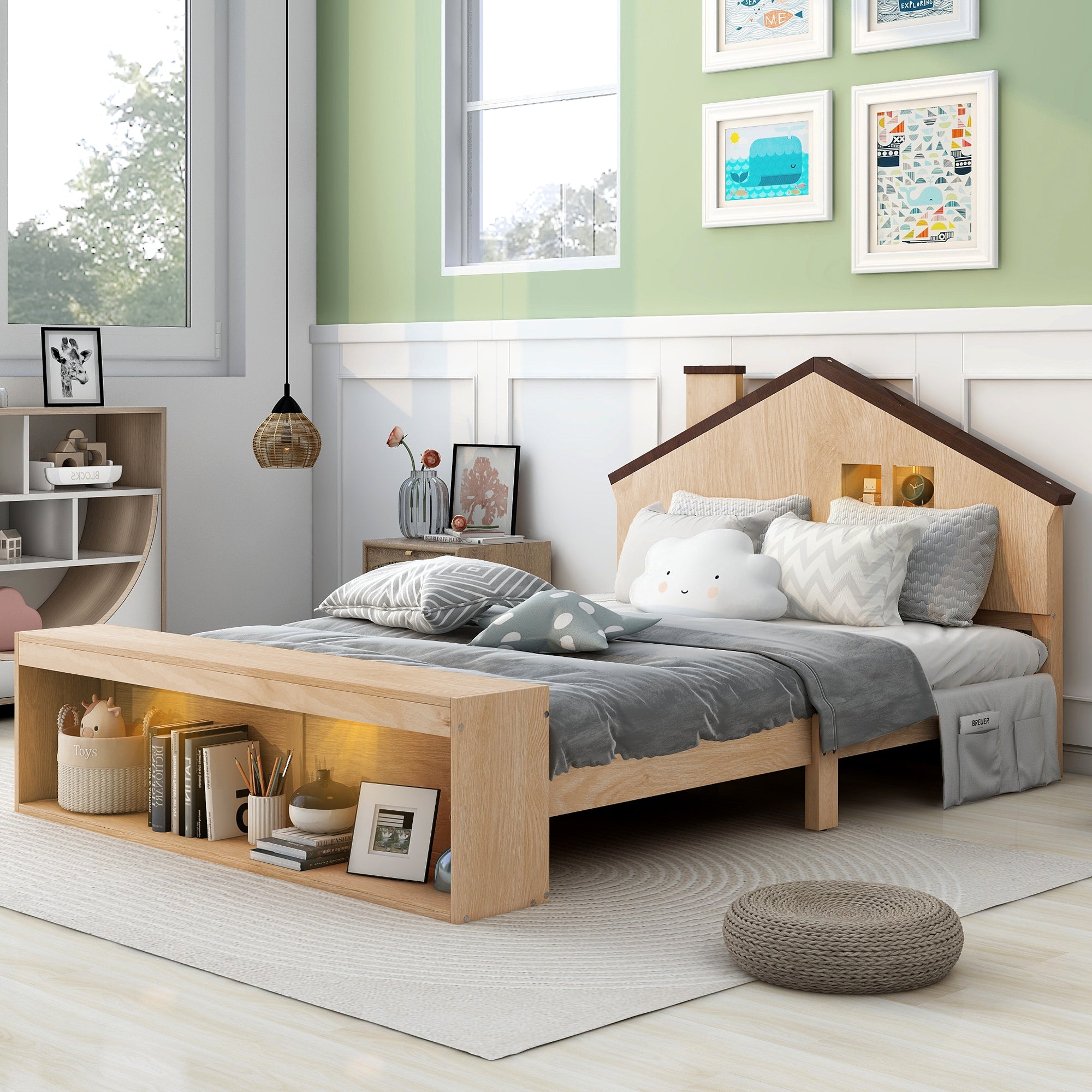 Full Size House Platform Bed with LED Lights and Storage, Wood Color - Atlantic Fine Furniture Melbourne FL