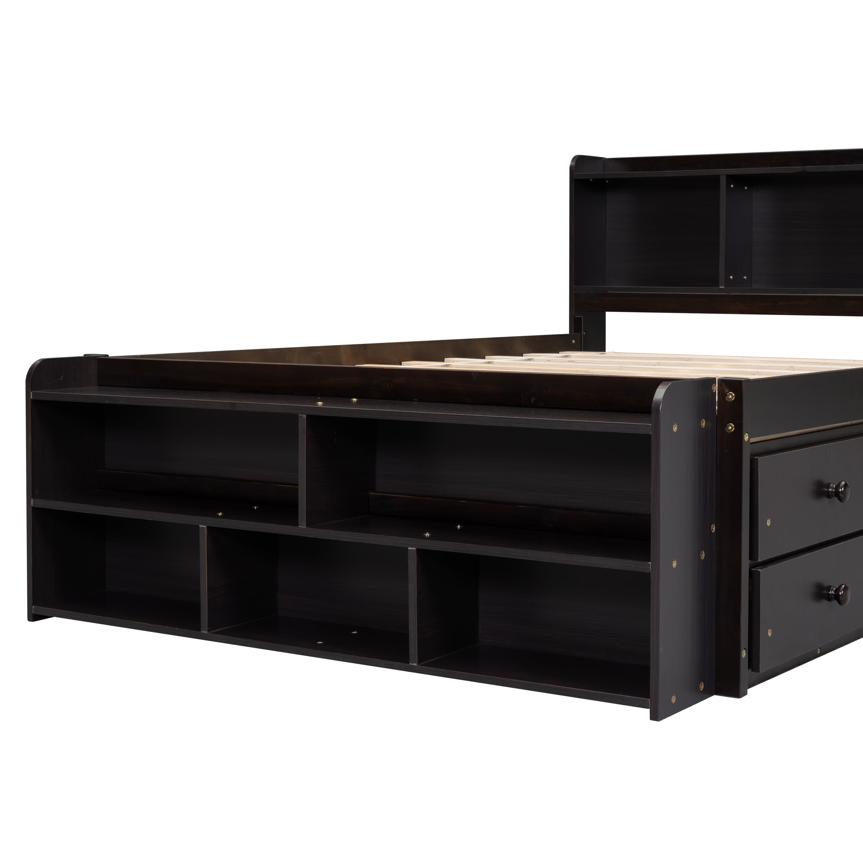 Full Bed with Bookcase Headboard, Under bed Storage Drawers and Bed End Storage Case,Espresso