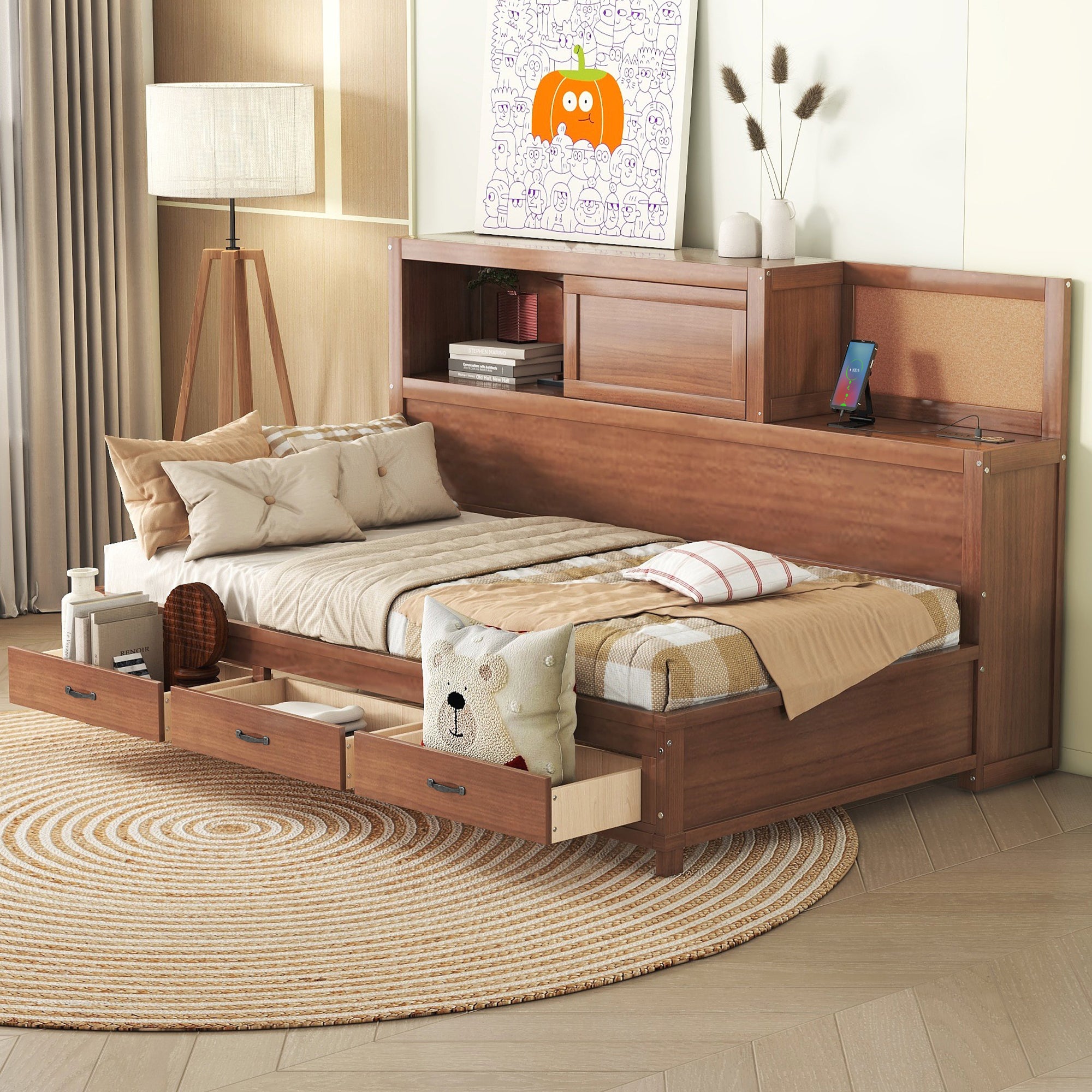 Twin Size Wooden Daybed with 3 Storage Drawers, Upper Soft Board, shelf, and a set of Sockets and USB Ports, Brown - Atlantic Fine Furniture Melbourne FL
