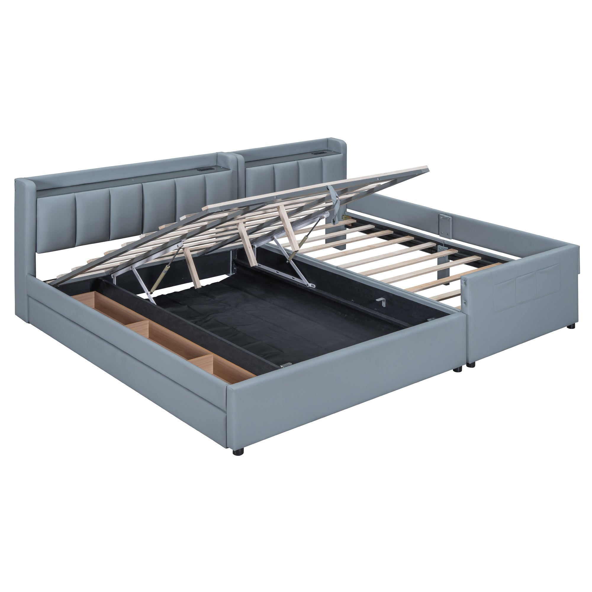 Queen Size & Twin XL Size Upholstered Platform Bed, Mother & Child Bed with Hydraulic Storage System, Drawer Box, Bedhead storage shelf and Two pairs of sockets & USB Ports, PU Leather, Gray - Atlantic Fine Furniture Melbourne FL