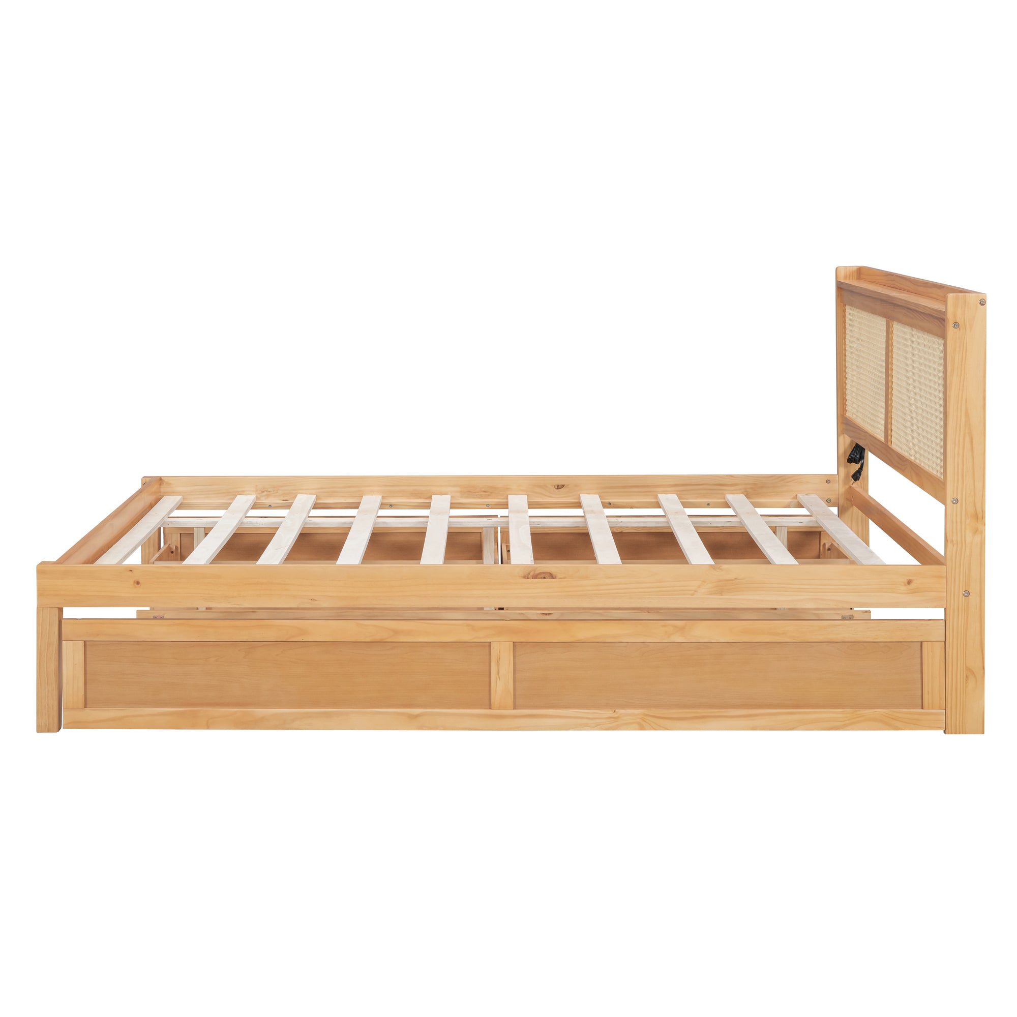 Queen Size Elegant Bed Frame with Rattan Headboard and Sockets ,Walnut - Atlantic Fine Furniture Melbourne FL