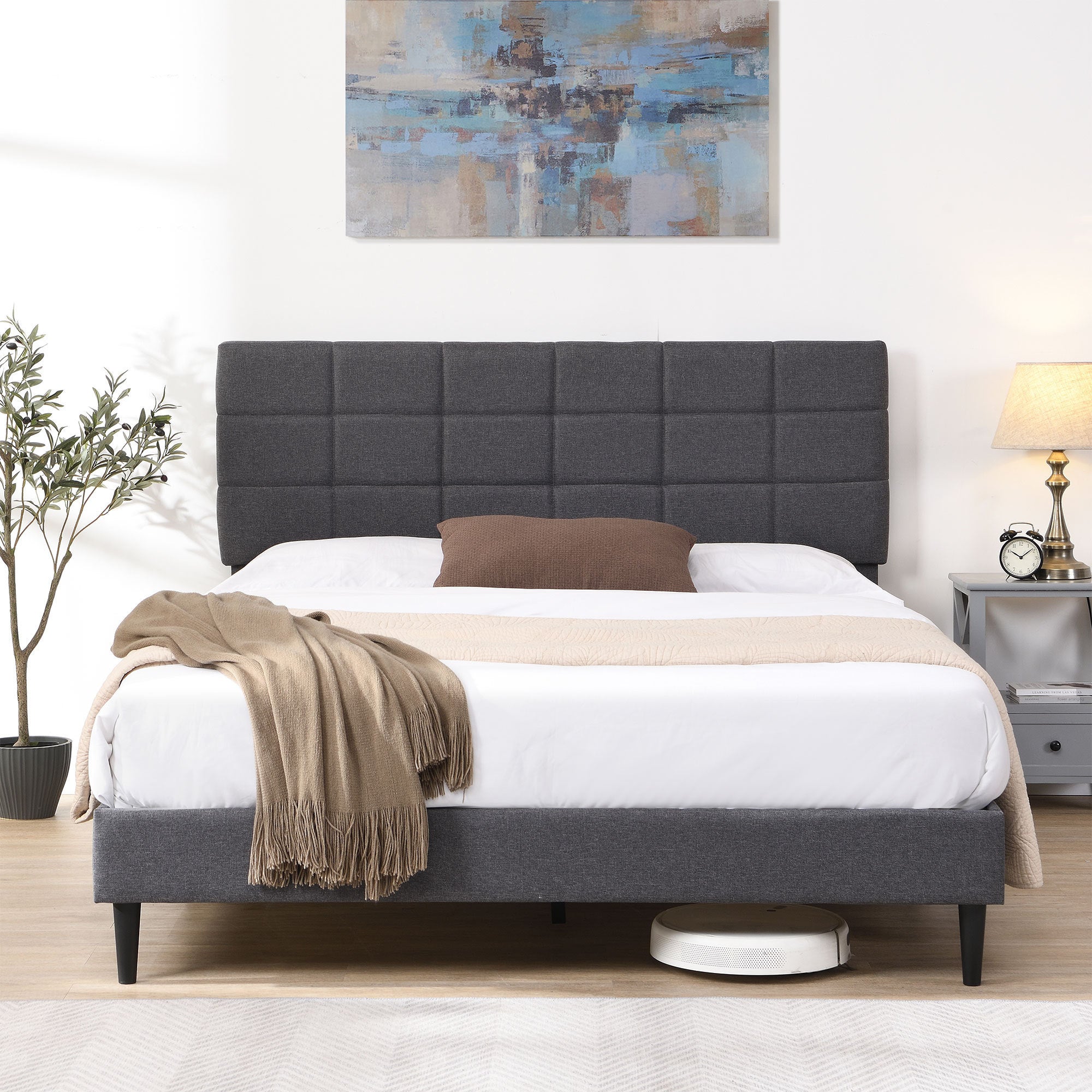 Full Size Platform Bed Frame with Fabric Upholstered Headboard and Wooden Slats, No Box Spring Needed/Easy Assembly, Grey - Atlantic Fine Furniture Melbourne FL