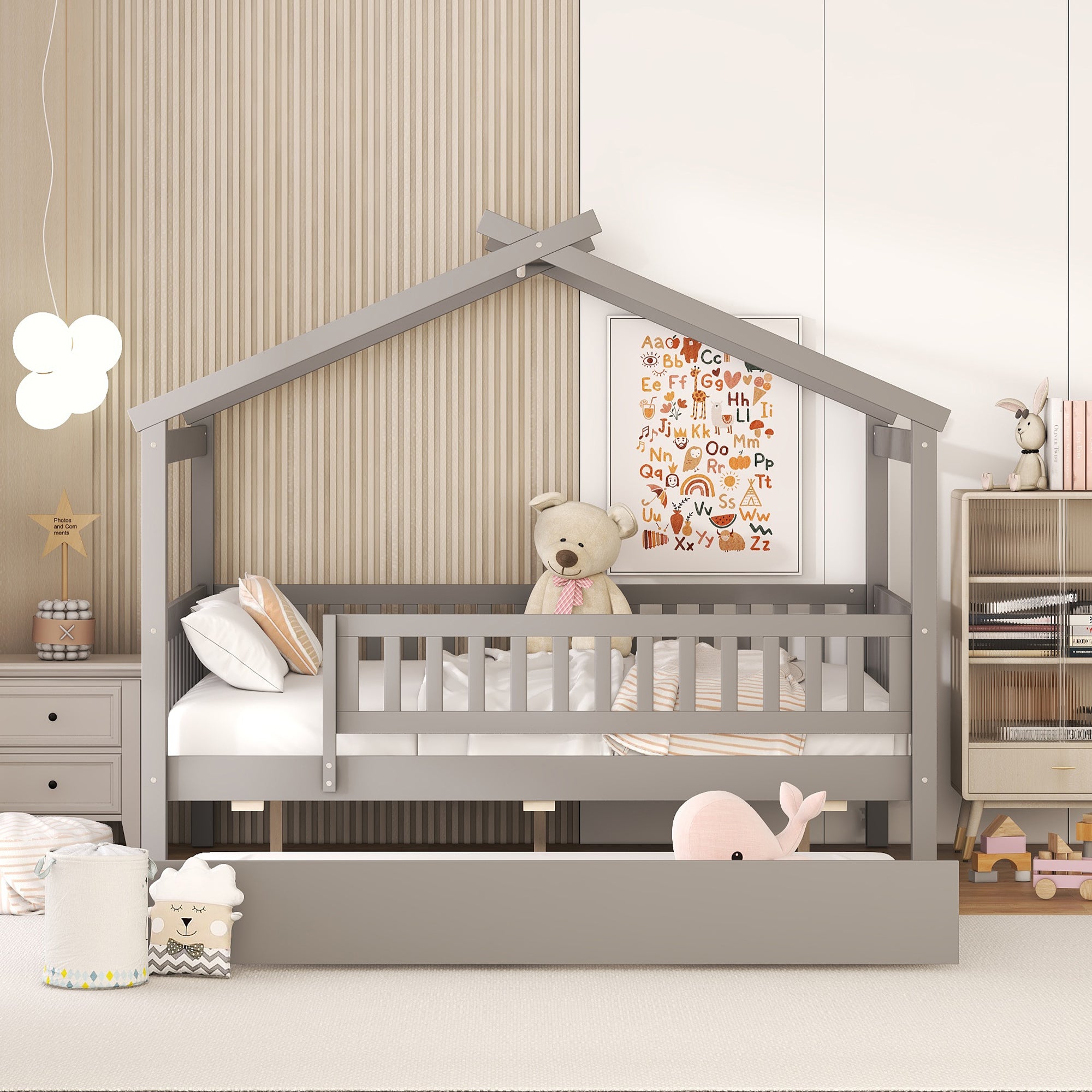 Full Size Wooden House Bed with Twin Size Trundle, Gray - Atlantic Fine Furniture Melbourne FL
