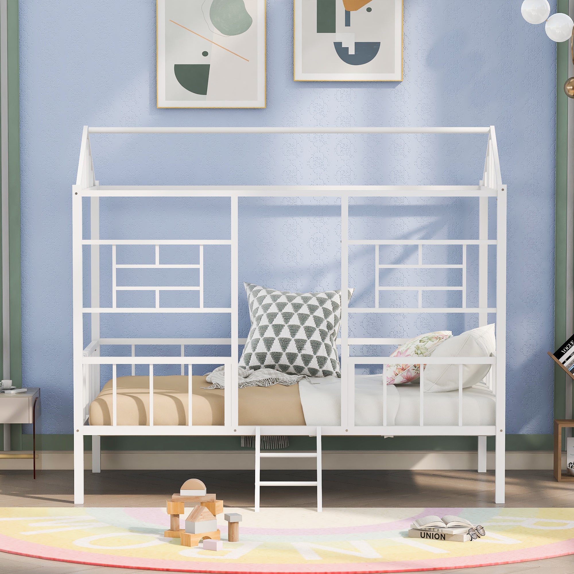Metal House Bed Frame Twin Size with Slatted Support No Box Spring Needed White - Atlantic Fine Furniture Melbourne FL