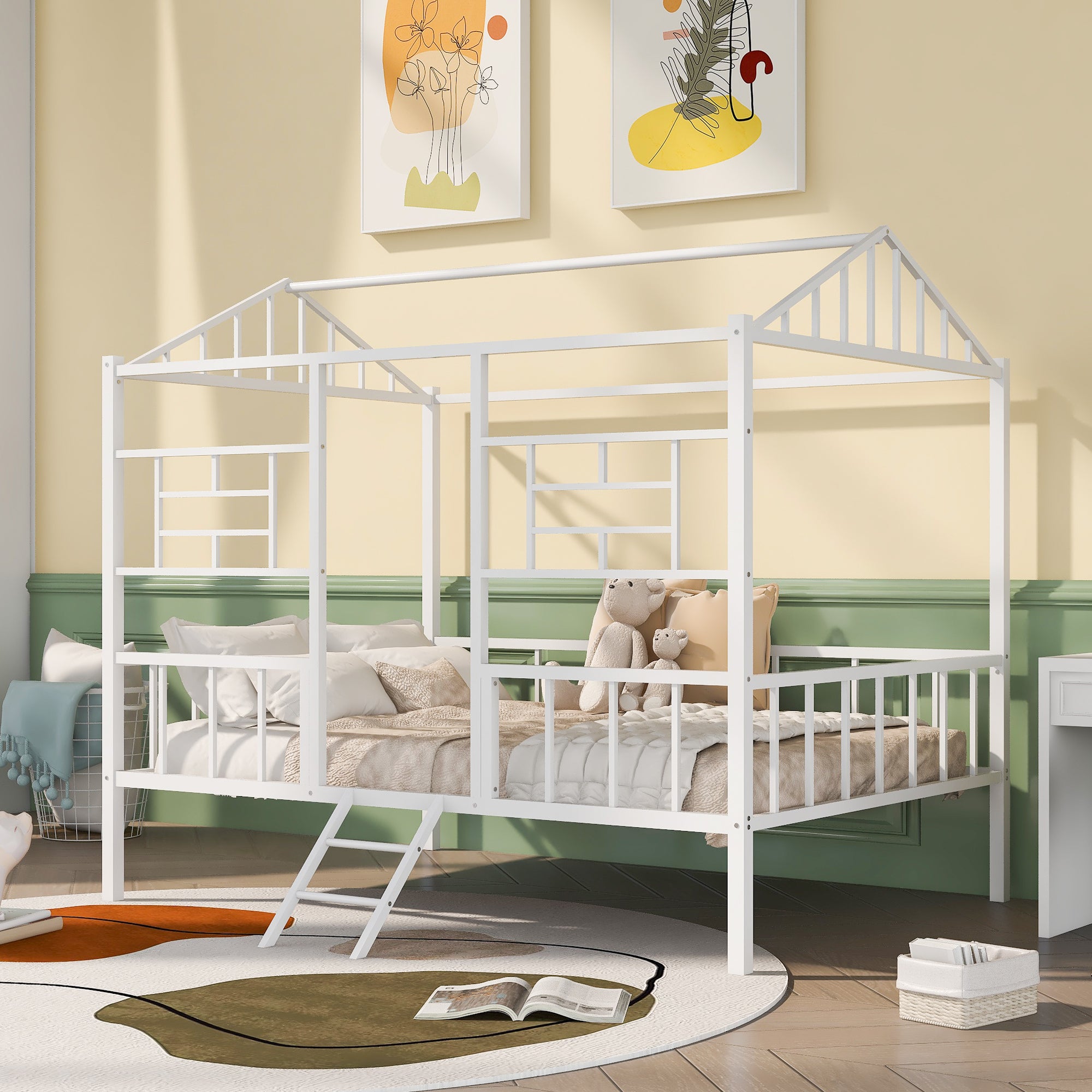 Metal House Bed Frame Full Size with Slatted Support No Box Spring Needed White - Atlantic Fine Furniture Melbourne FL