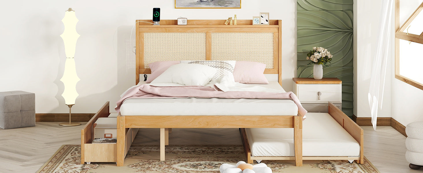 Queen Size Elegant Bed Frame with Rattan Headboard and Sockets ,Walnut - Atlantic Fine Furniture Melbourne FL