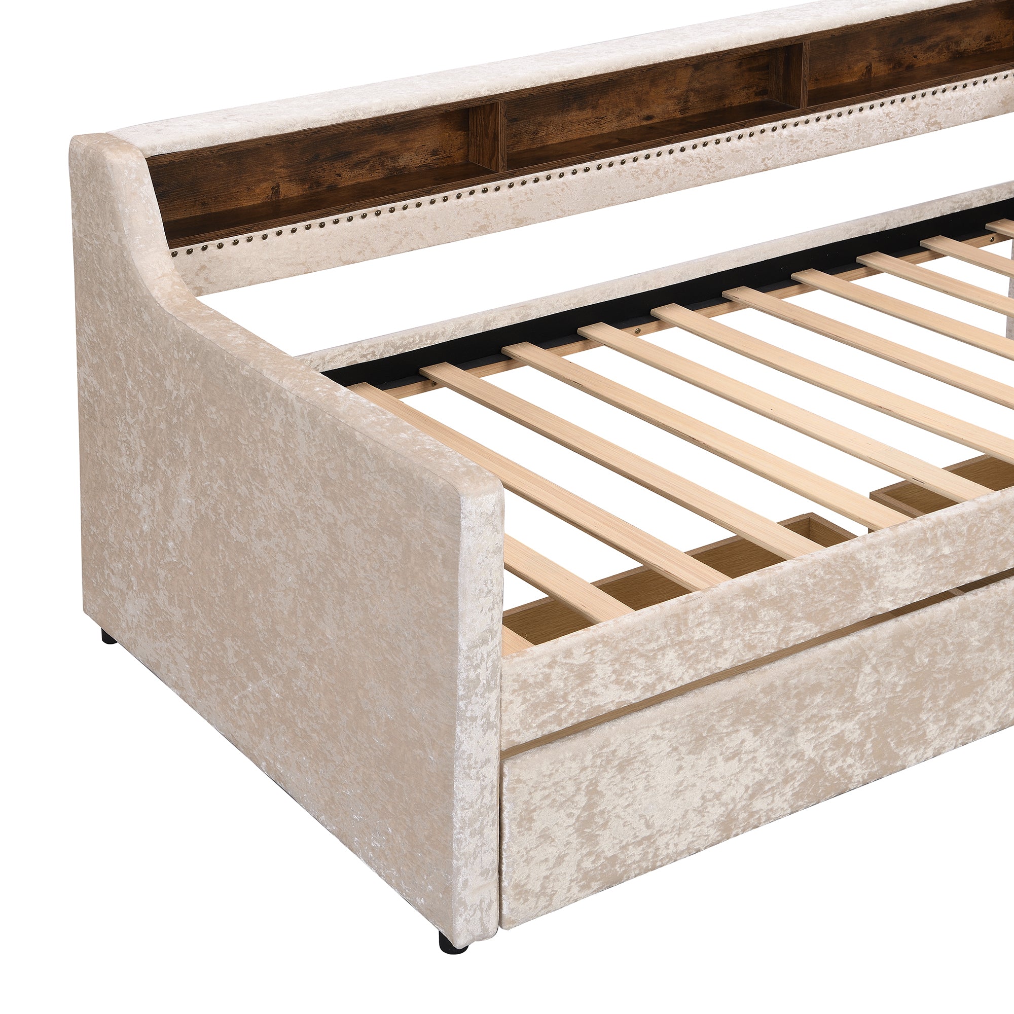 Twin Size Snowflake Velvet Daybed with Two Storage Drawers and Built-in Storage Shelves,Beige - Atlantic Fine Furniture Melbourne FL