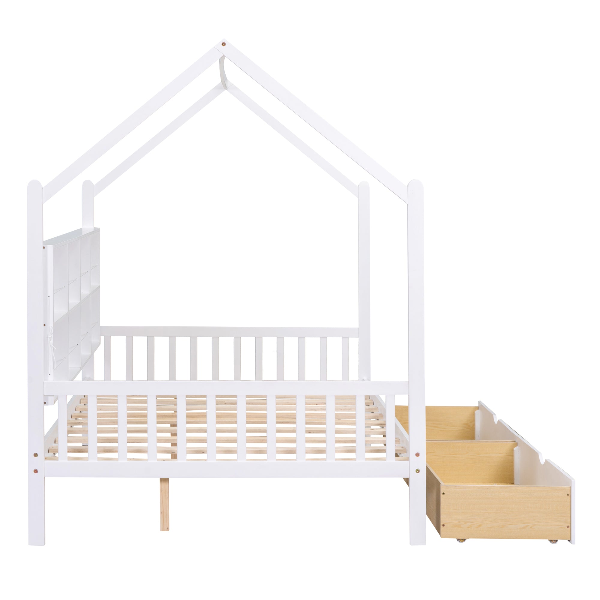 Wooden Full Size House Bed with 2 Drawers,Kids Bed with Storage Shelf, White(Expected Arrival Time: 5.15)