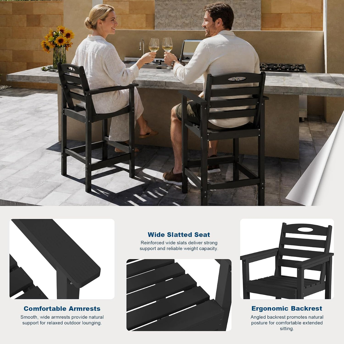 Crefise Tall Adirondack Bar Chairs, Set of 2 - Black