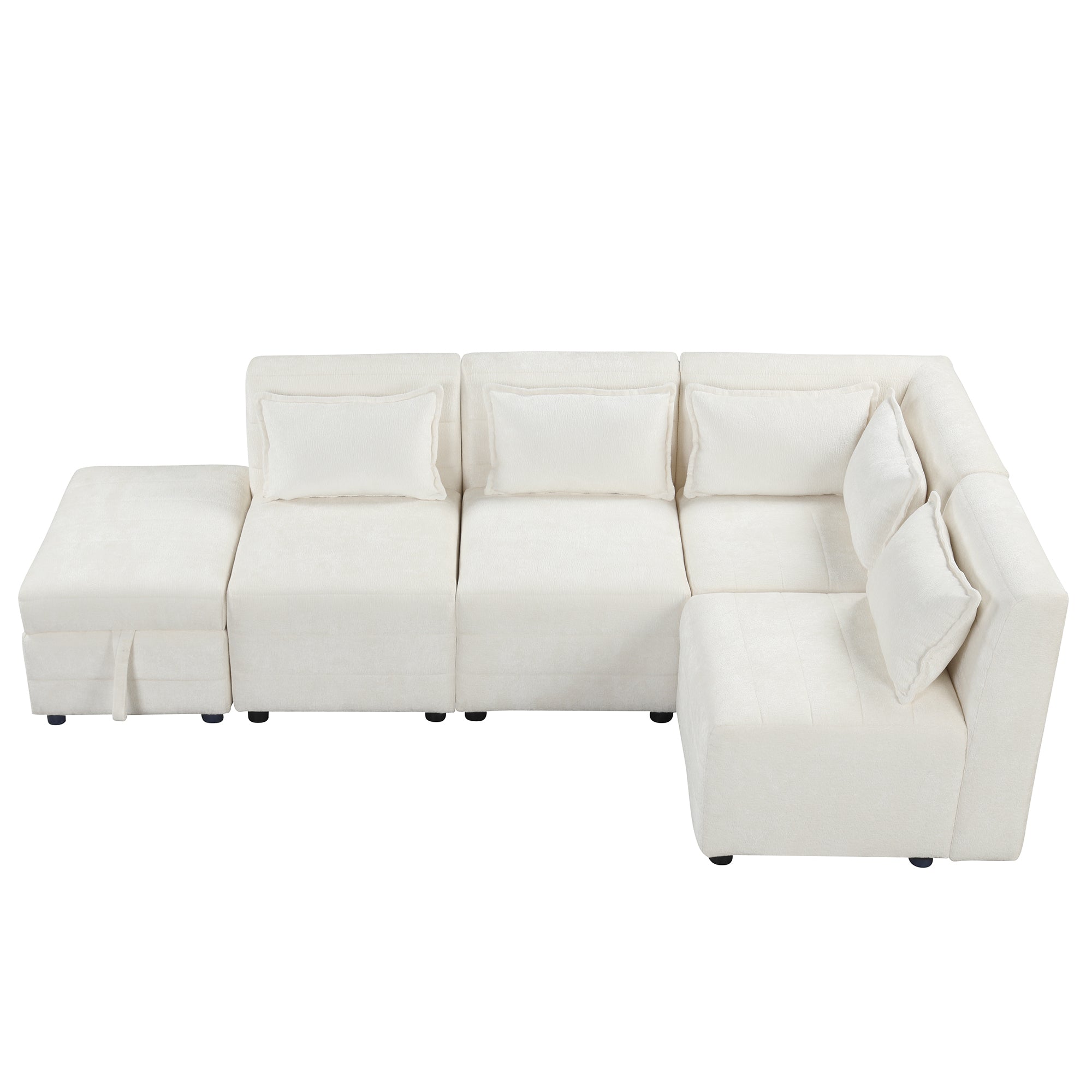 Free-Combined Sectional Sofa 5-seater Modular Couches with Storage Ottoman, 5 Pillows for Living Room, Bedroom, Office, Cream