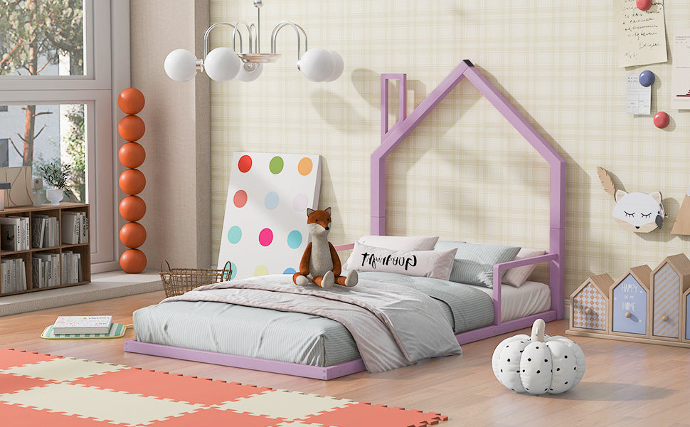 Twin Size Metal Floor Bed with House-shaped Headboard, Pink - Atlantic Fine Furniture Melbourne FL