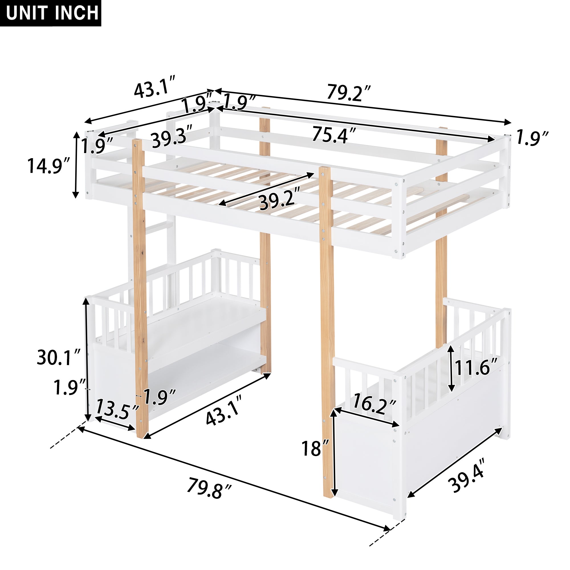 Wood Twin Size Loft Bed with 2 Seats and a Ladder, White - Atlantic Fine Furniture Melbourne FL