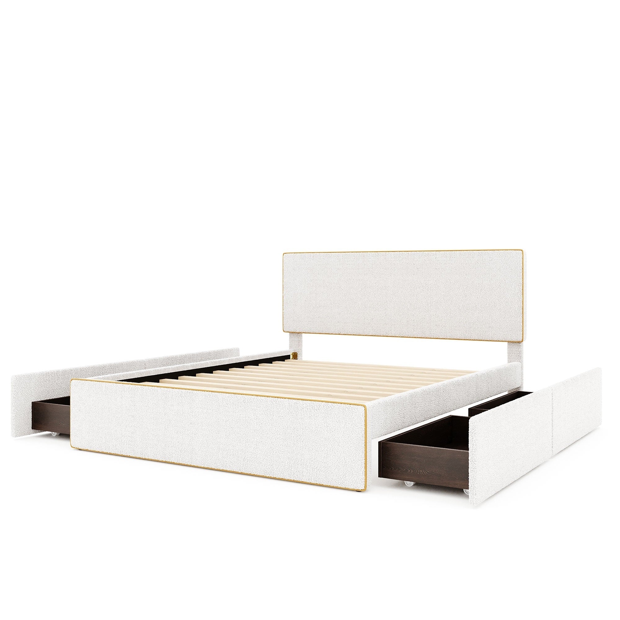 Queen Size Upholstered Platform Bed with 4 Drawers and Golden Edge on the Headboard & Footboard, White - Atlantic Fine Furniture Melbourne FL