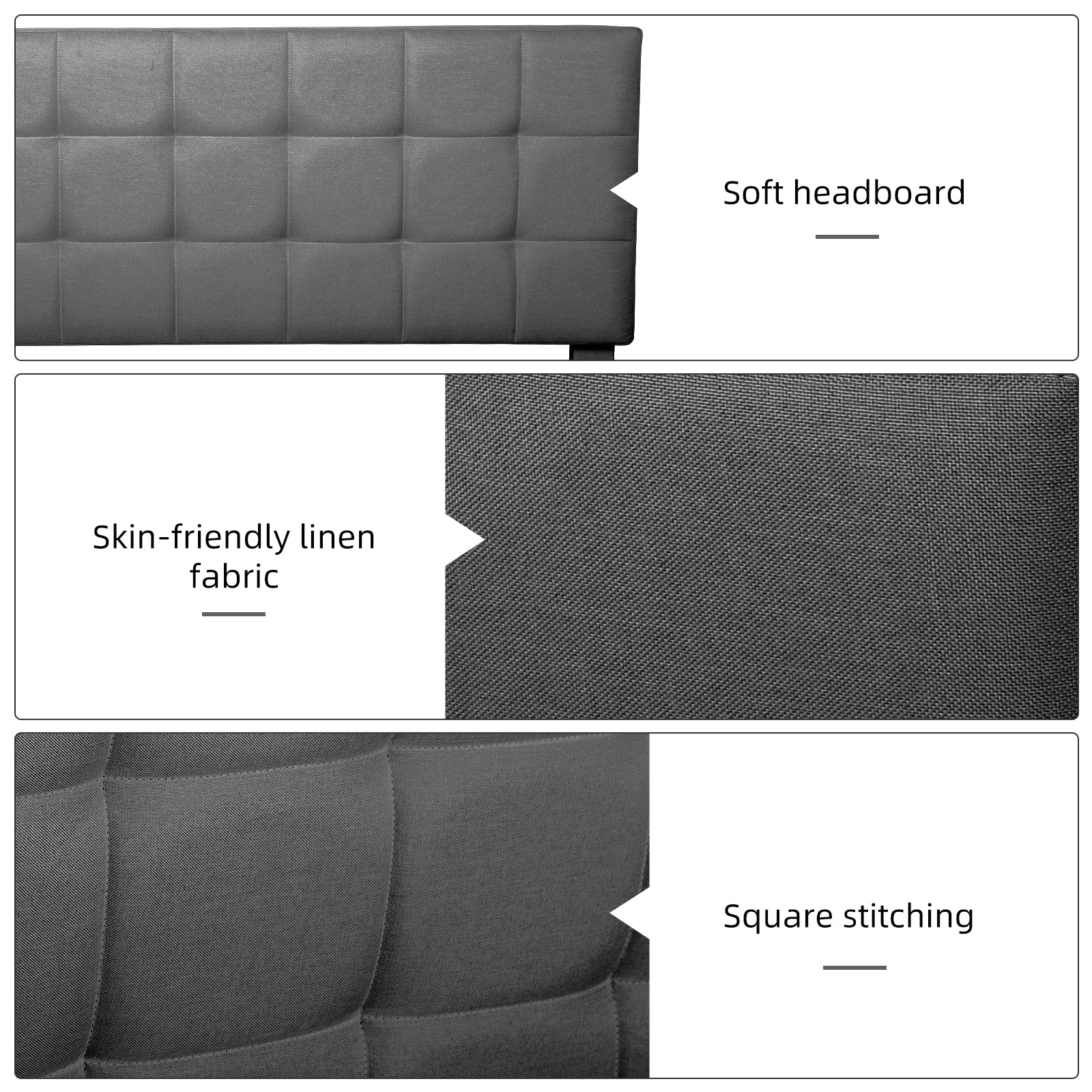 Queen Size Upholstered Platform Bed Linen Bed Frame with Lights Square Stitched Adjustable Headboard Strong Bed Slats System No Box Spring Needed Grey - Atlantic Fine Furniture Melbourne FL