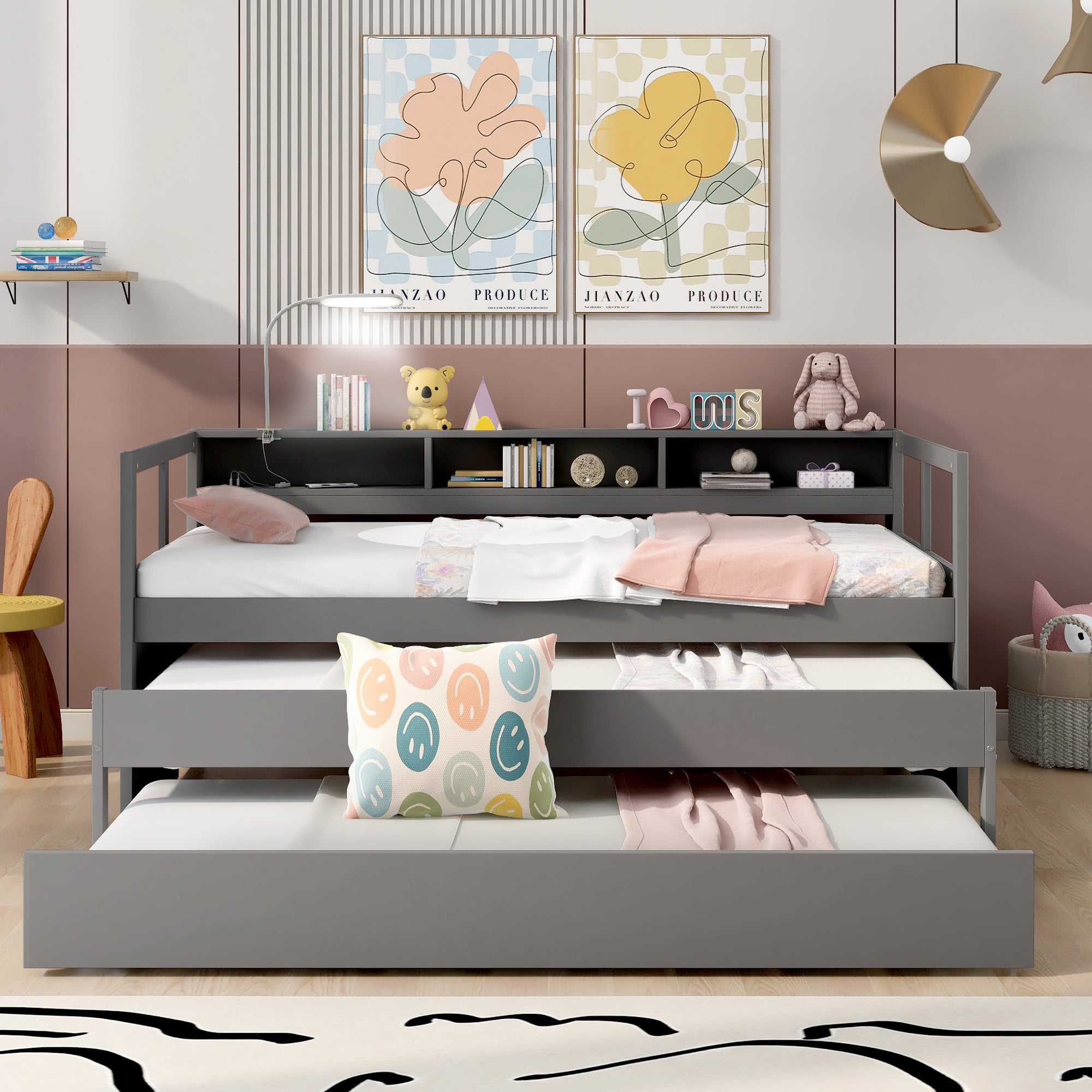 Twin XL Wood Daybed with 2 Trundles, 3 Storage Cubbies, 1 Light for Free and USB Charging Design, Gray - Atlantic Fine Furniture Melbourne FL