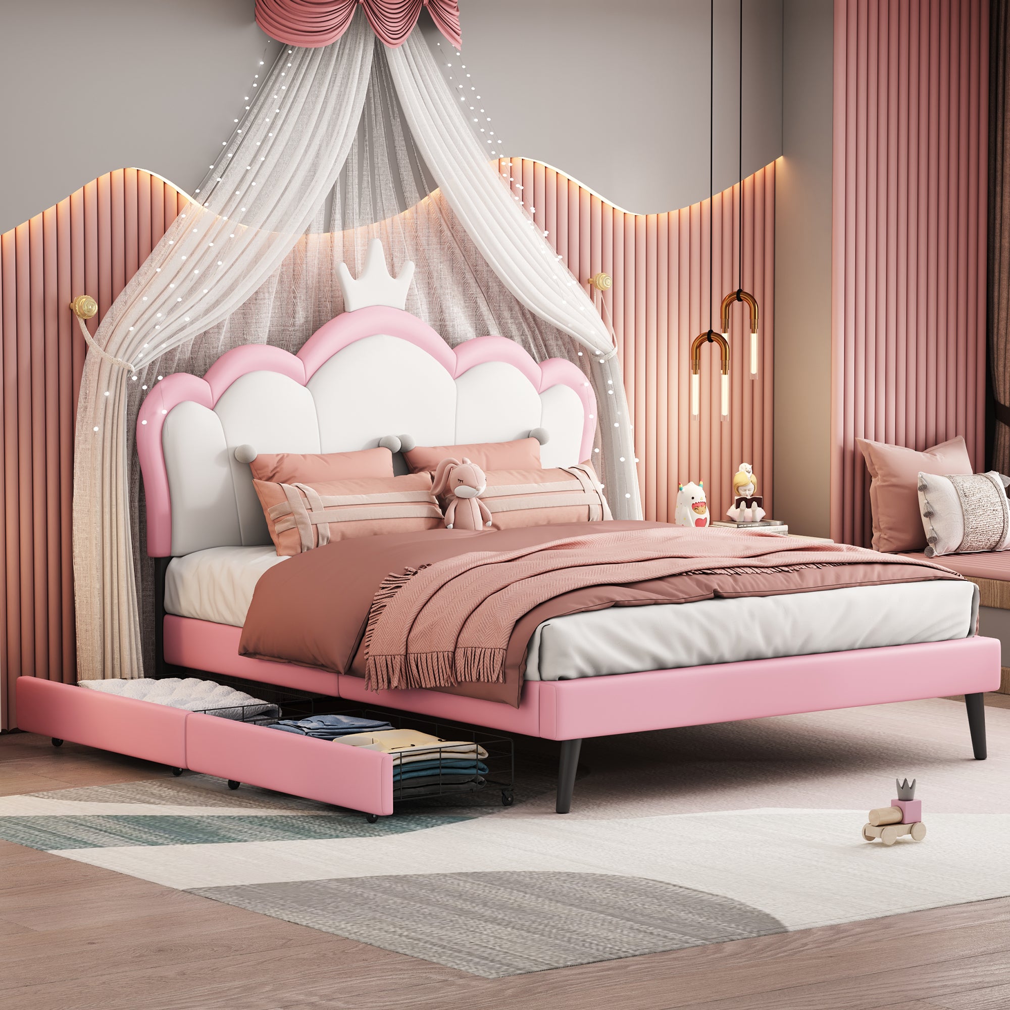 Full Size Princess Bed With Crown Headboard and 2 Drawers, Full size Platform Bed with Headboard and Footboard,White+Pink