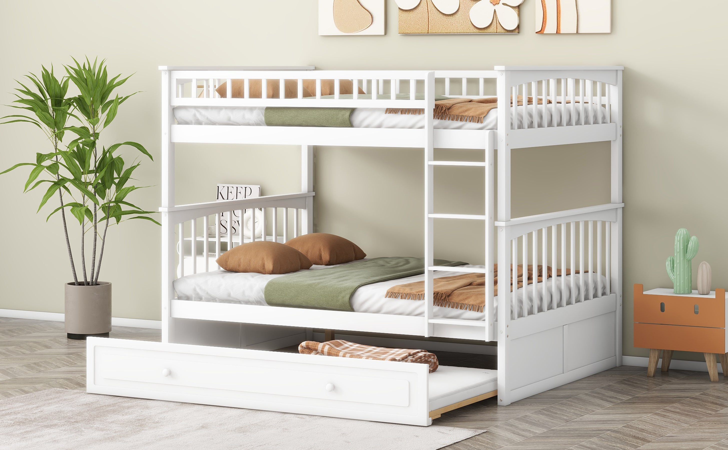 Full over Full Bunk Bed with Twin Size Trundle, Convertible Beds, White