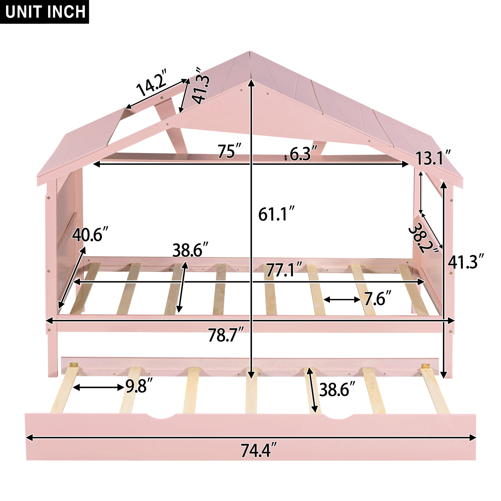 Wood Twin Size House Bed with Trundle and Storage, Pink - Atlantic Fine Furniture Melbourne FL